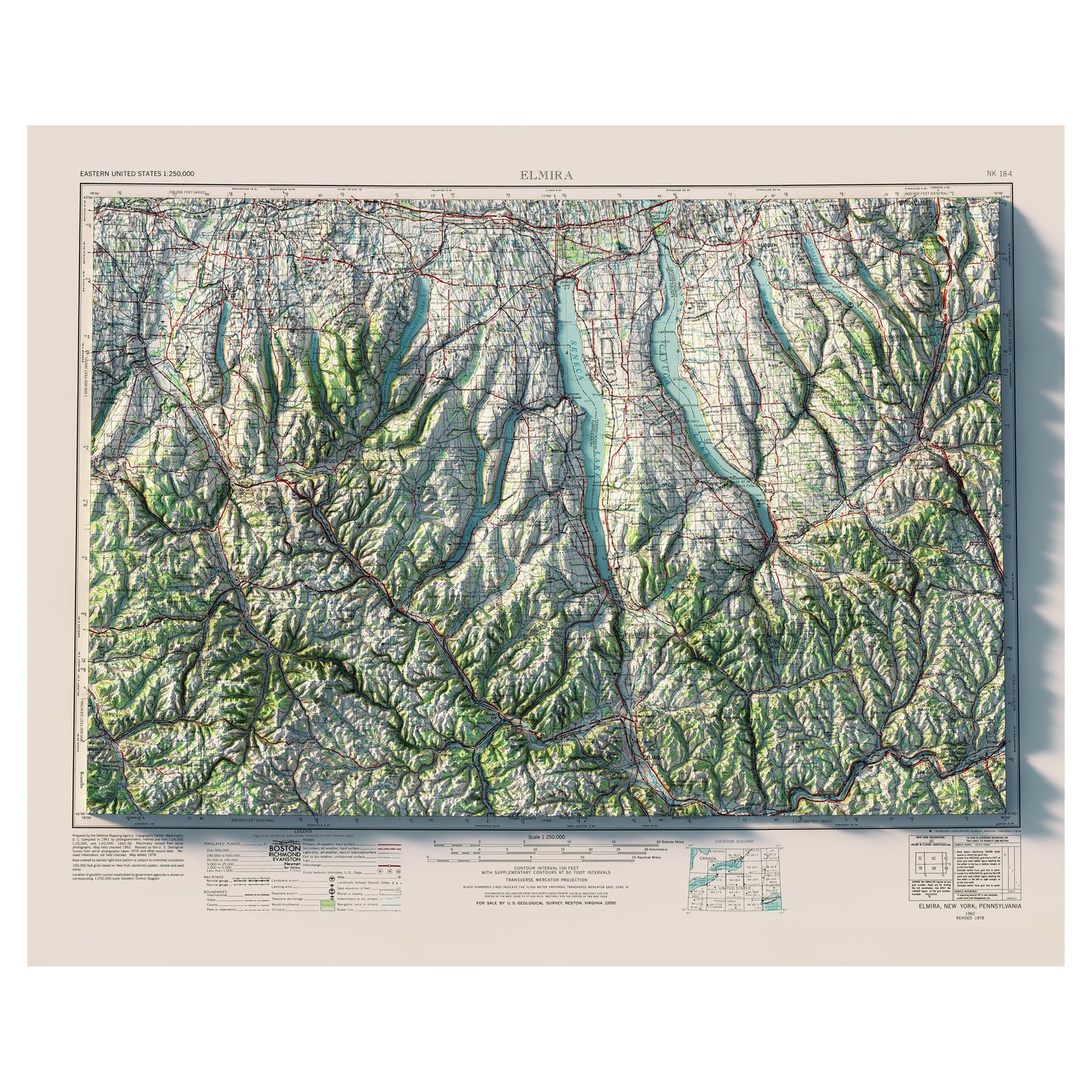 Finger Lakes, New York 1962 Shaded Relief Map