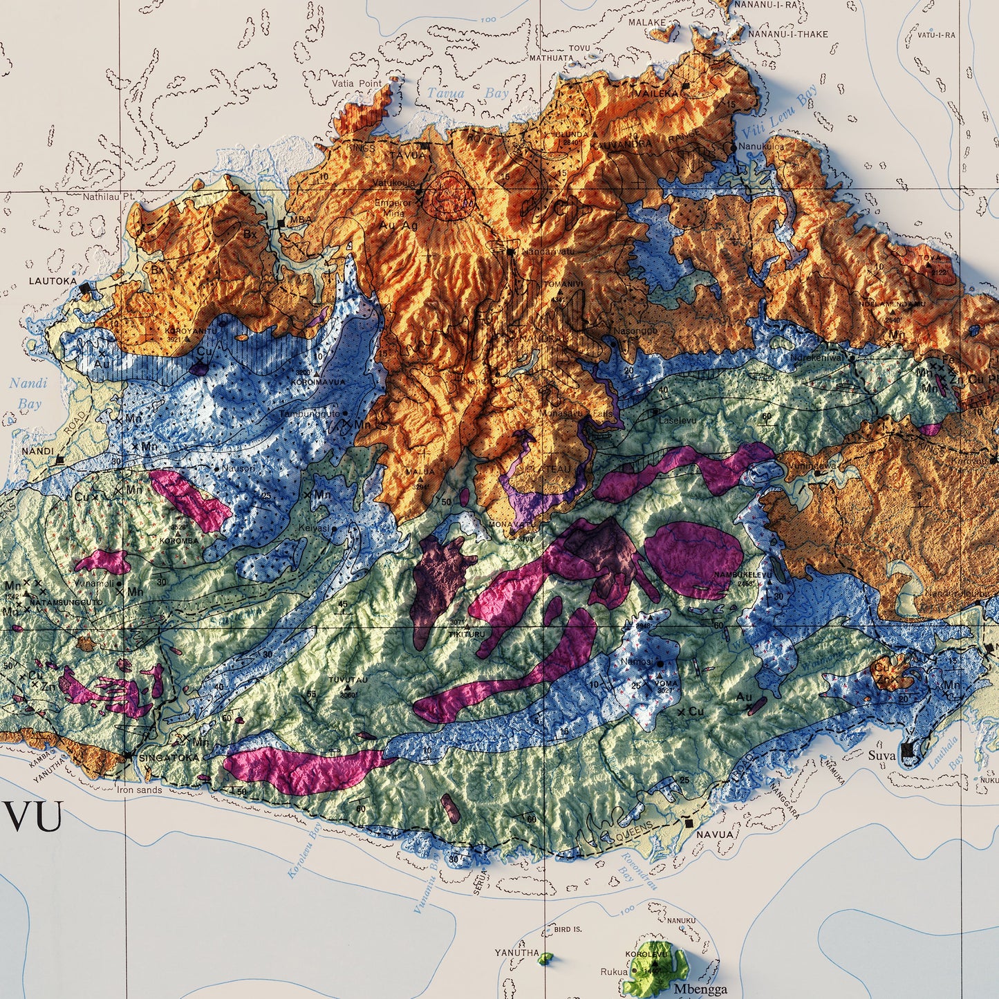 Fiji 1965 Shaded Relief Map