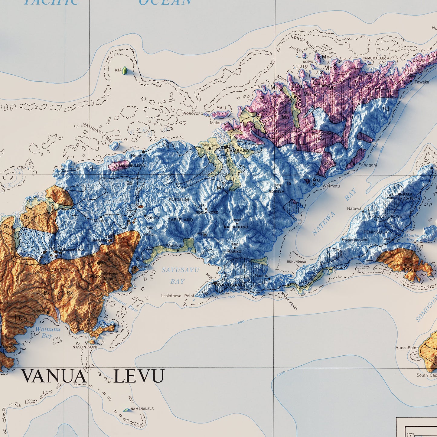 Fiji 1965 Shaded Relief Map