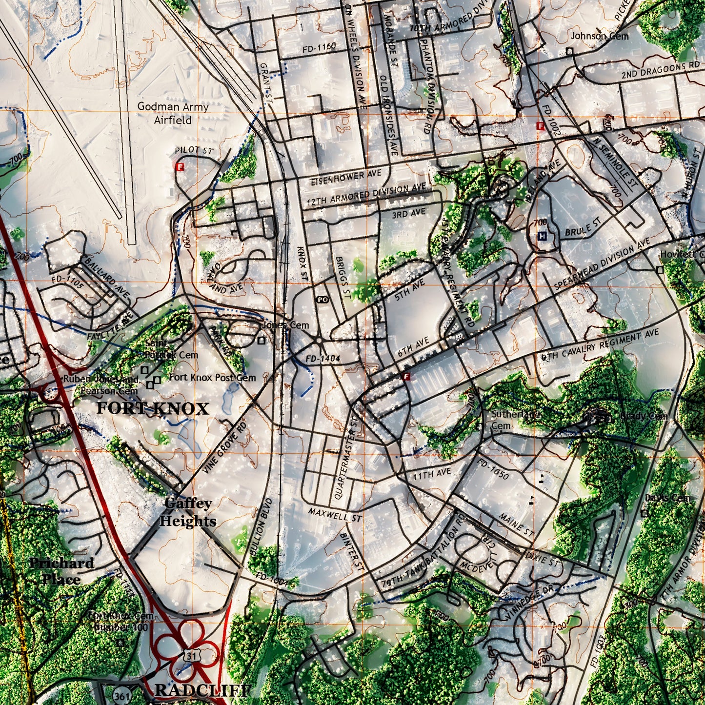 Ft. Knox, Kentucky 2022 Shaded Relief Map