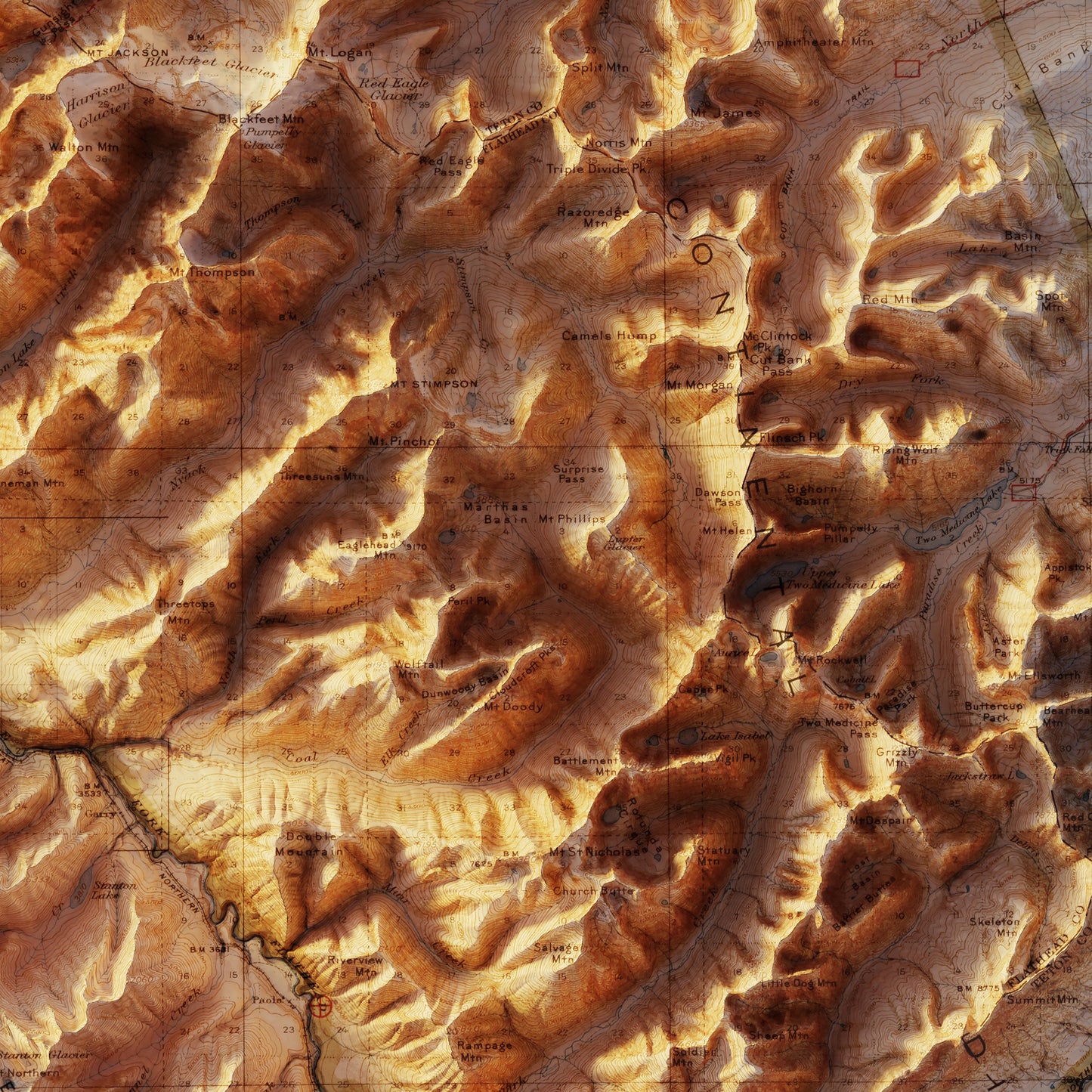 Glacier 1915 Shaded Relief Map