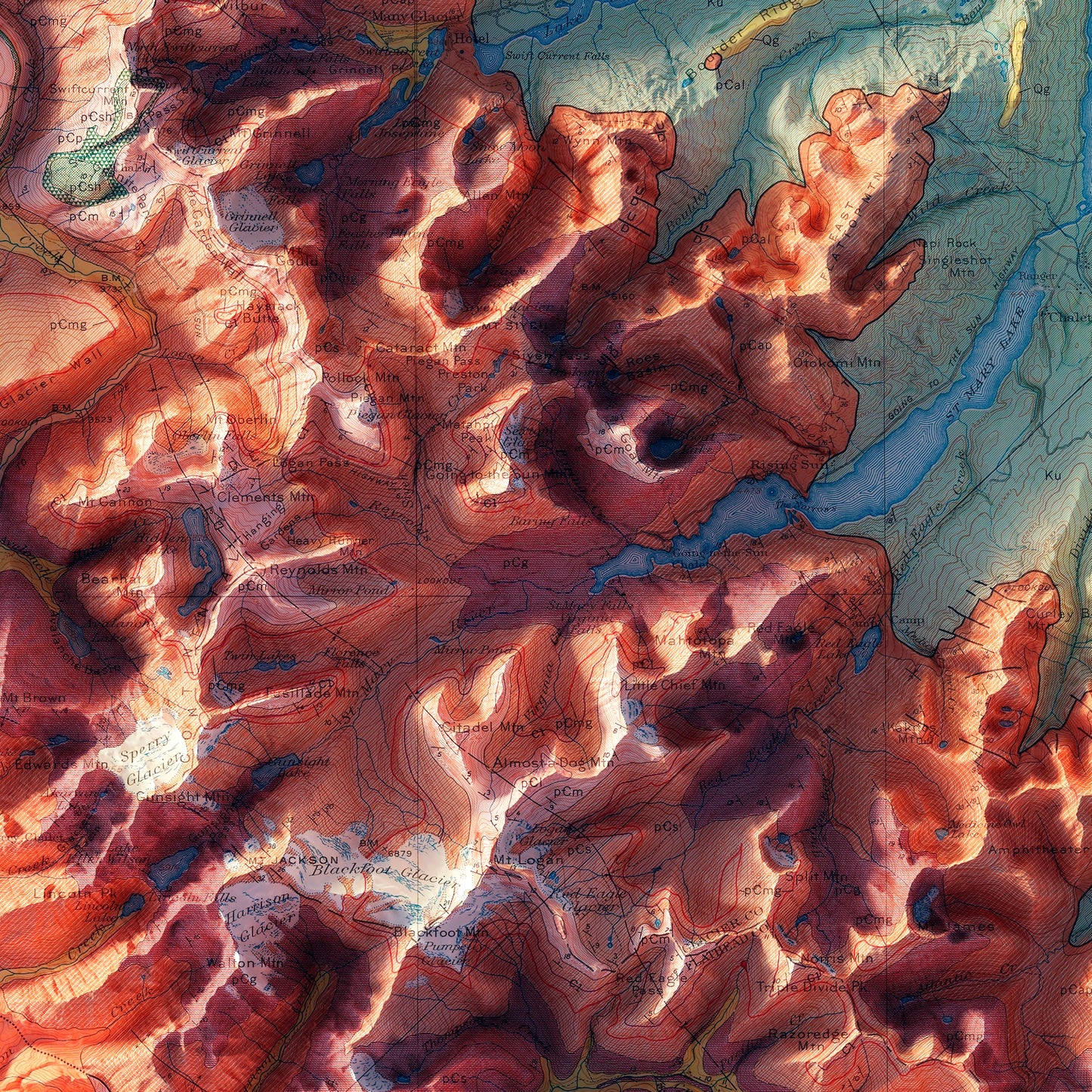 Glacier National Park 1959 Shaded Relief Map