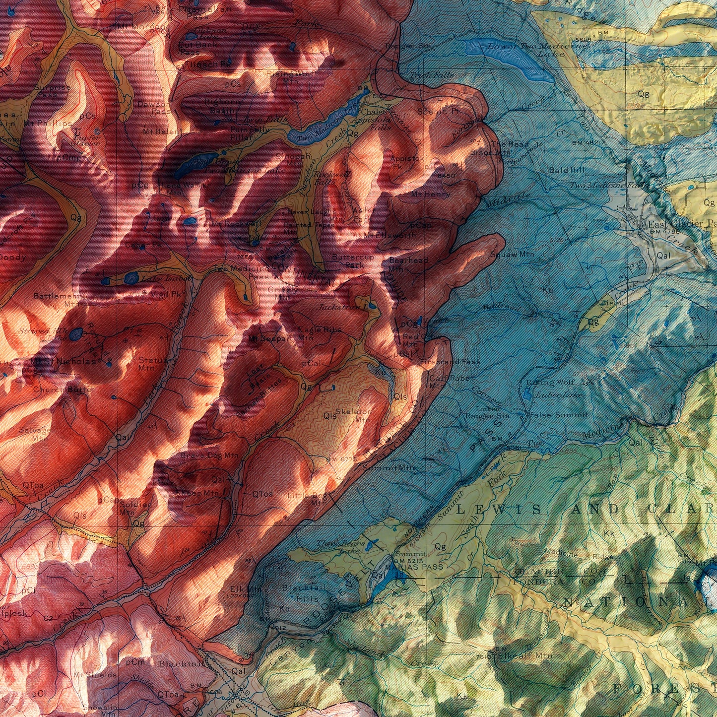 Glacier National Park 1959 Shaded Relief Map