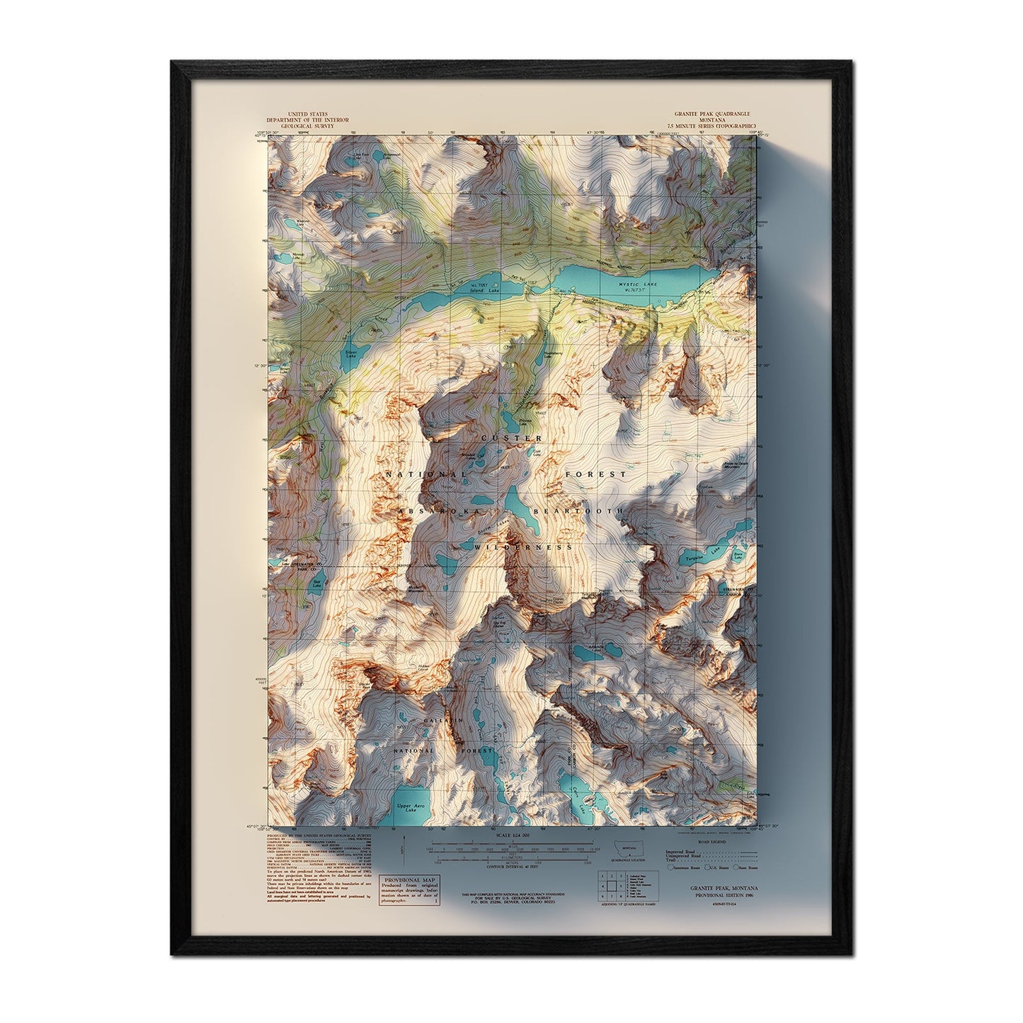 Granite Peak, Montana 1986 Shaded Relief Map