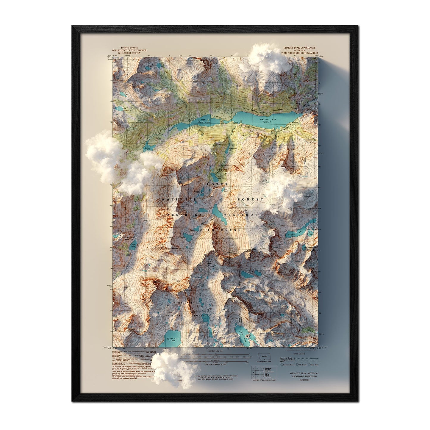 Granite Peak, Montana 1986 Shaded Relief Map