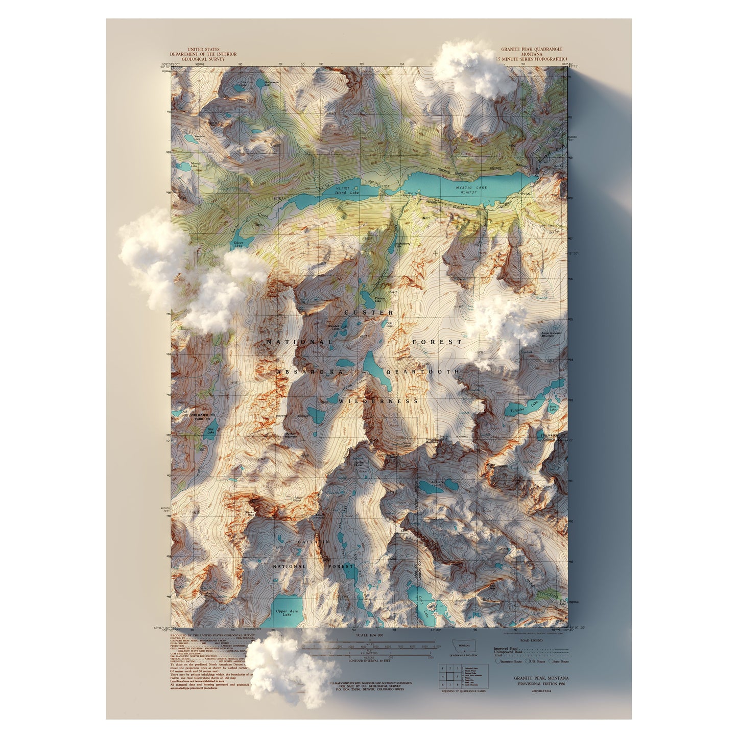 Granite Peak, Montana 1986 Shaded Relief Map
