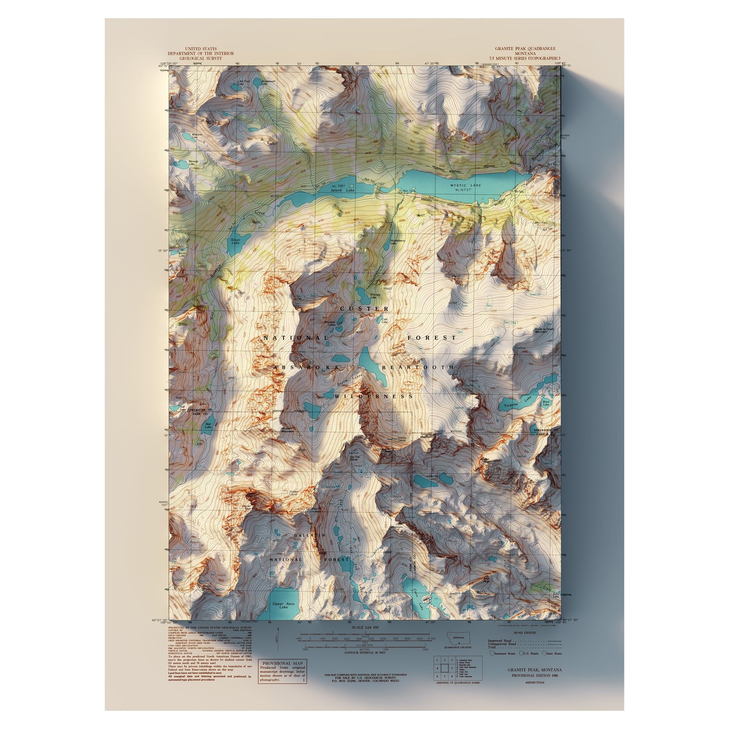 Granite Peak, Montana 1986 Shaded Relief Map