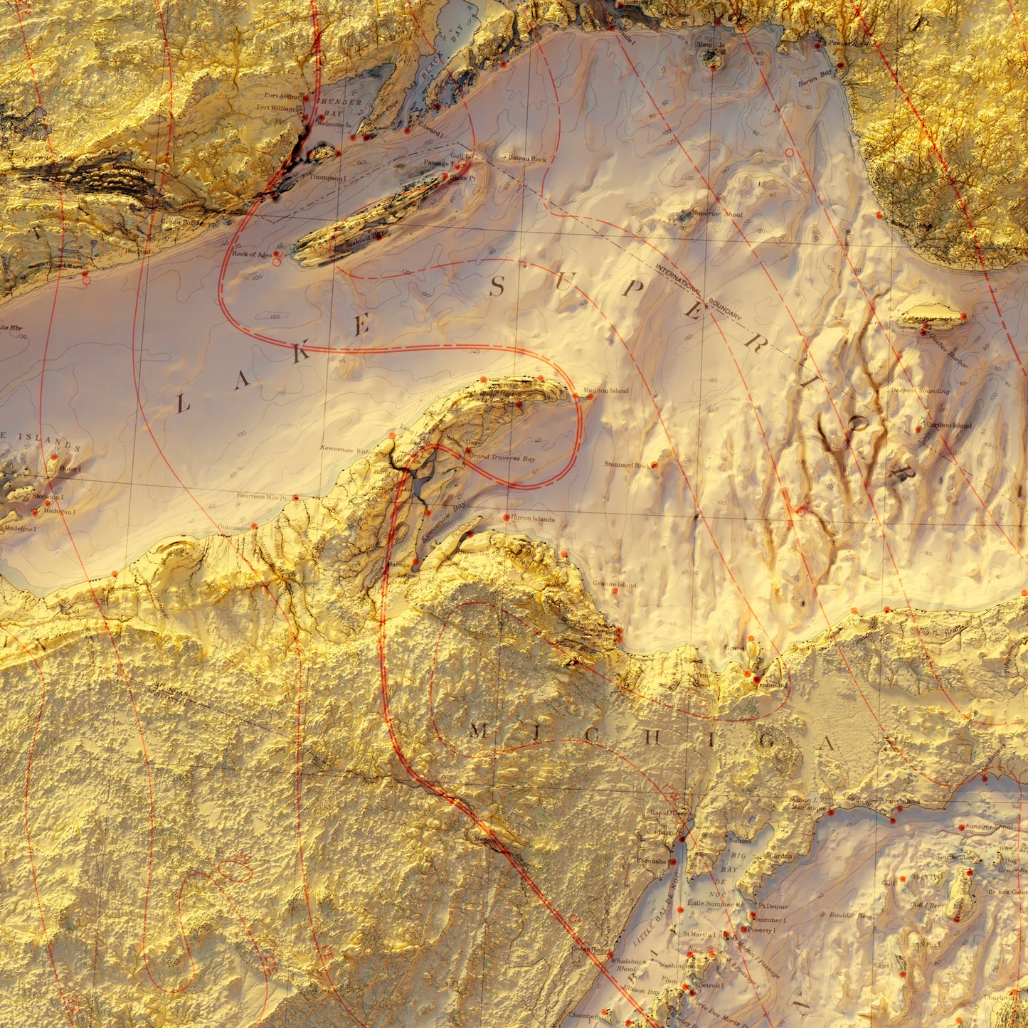 Great Lakes 1955 Shaded Relief Map