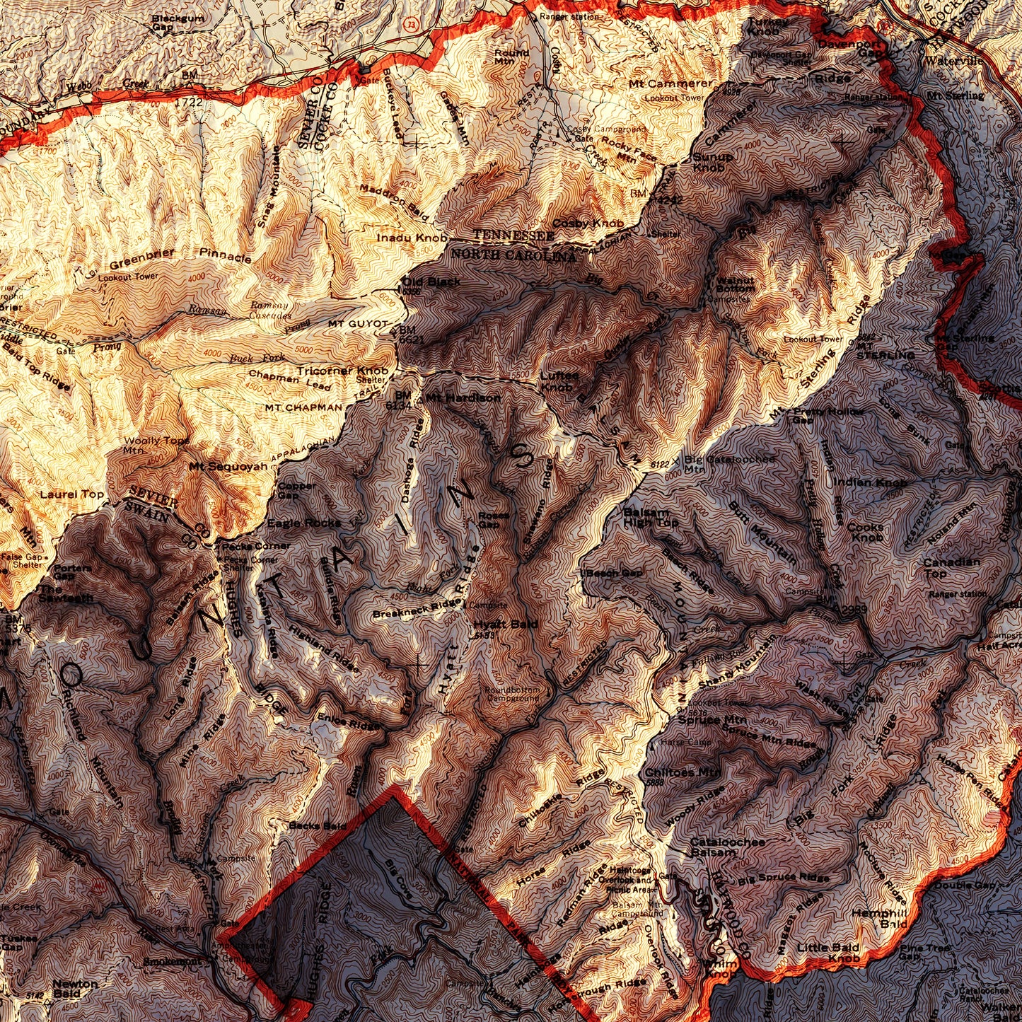 Great Smoky Mountains 1974 Shaded Relief Map