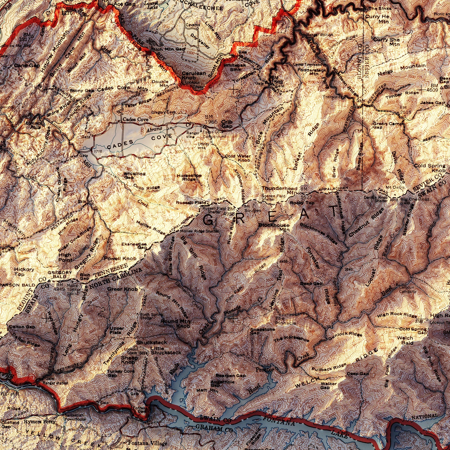 Great Smoky Mountains 1974 Shaded Relief Map