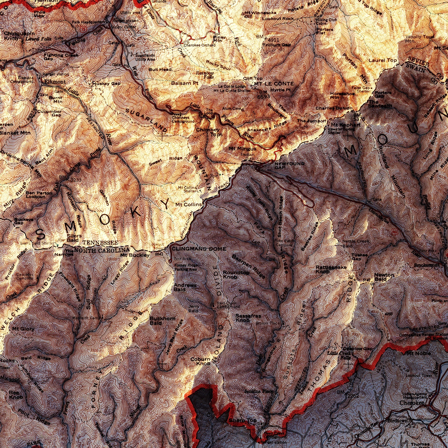 Great Smoky Mountains 1974 Shaded Relief Map