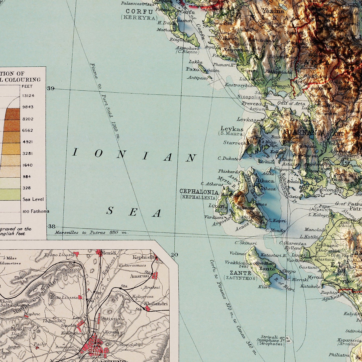 Greece and the Aegean Sea 1922 Shaded Relief Map