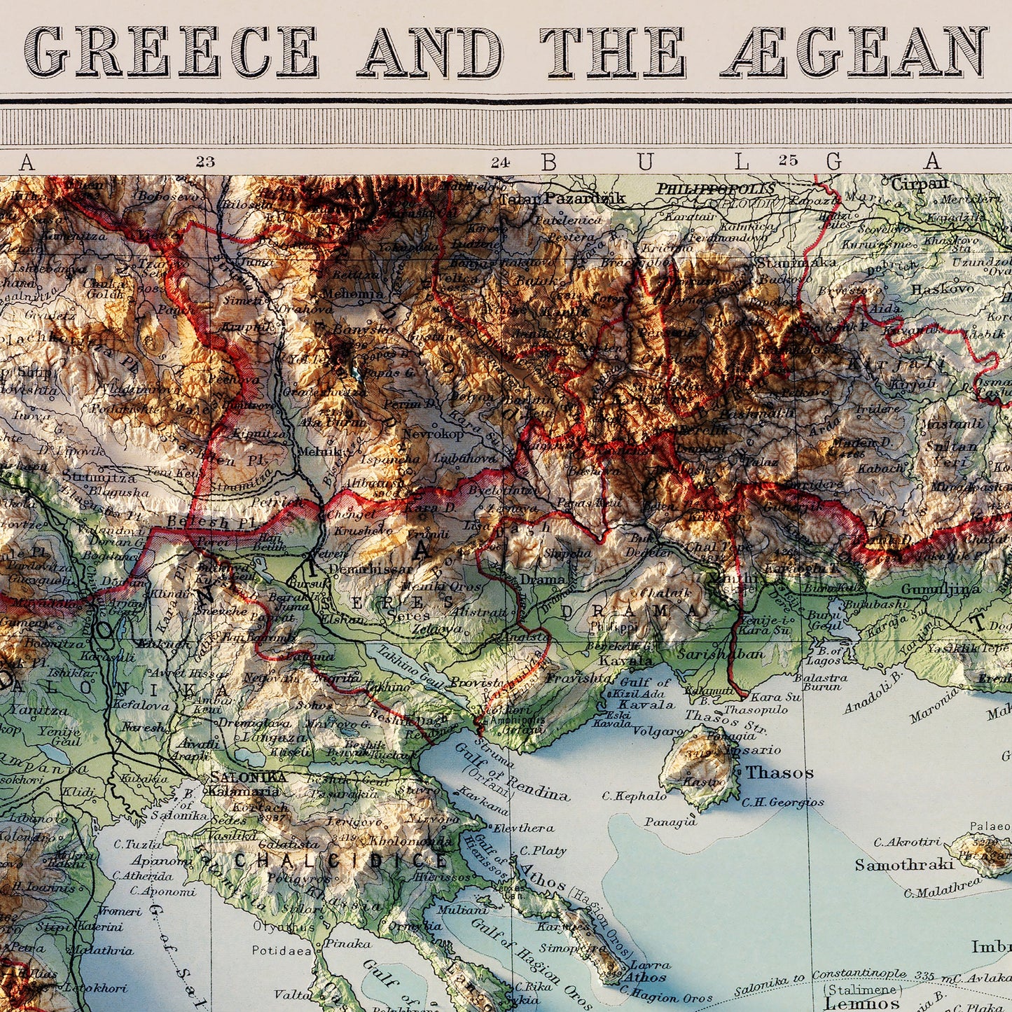 Greece and the Aegean Sea 1922 Shaded Relief Map