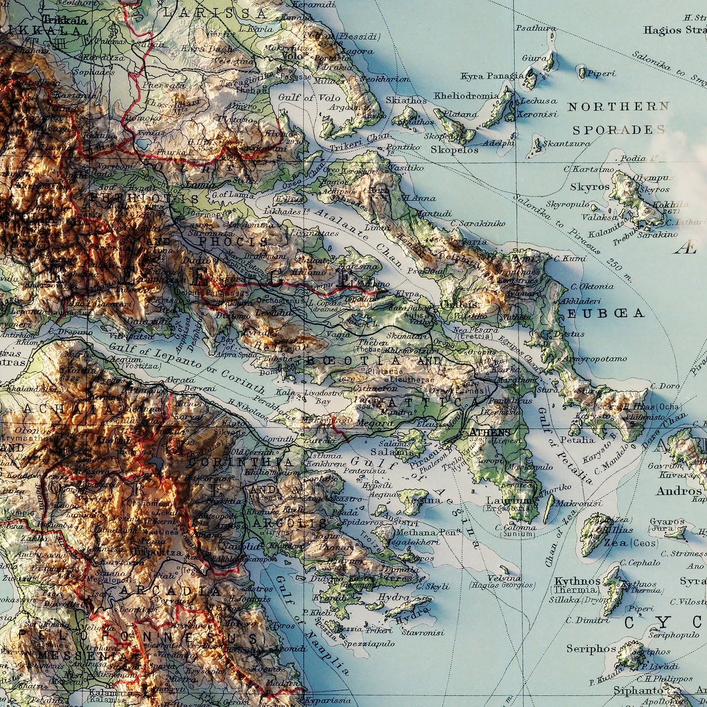 Greece and the Aegean Sea 1922 Shaded Relief Map