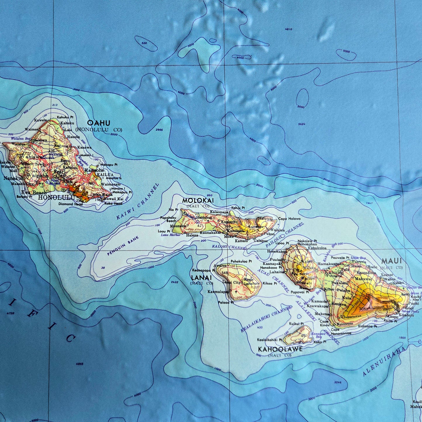 Hawaii Islands 1971 3D Raised Relief Map