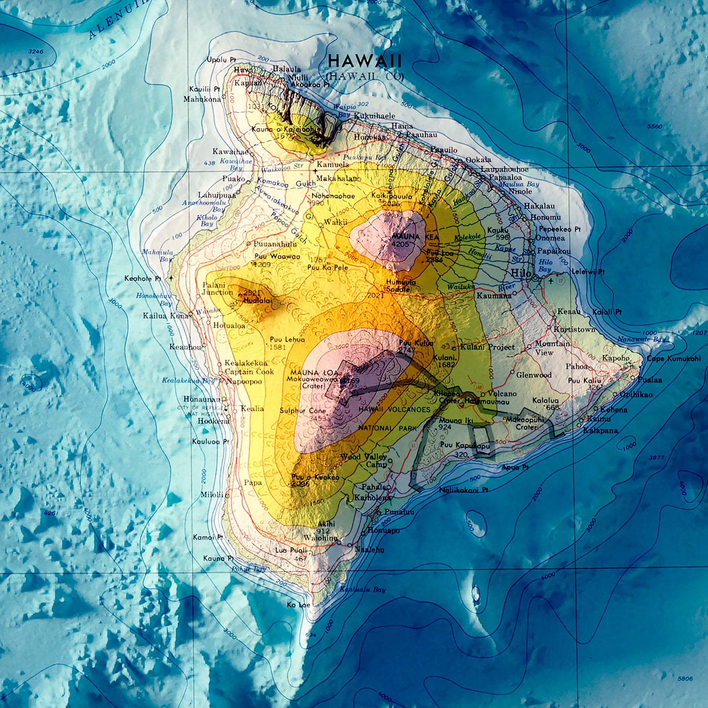 Hawaiian Islands 1971 Shaded Relief Map