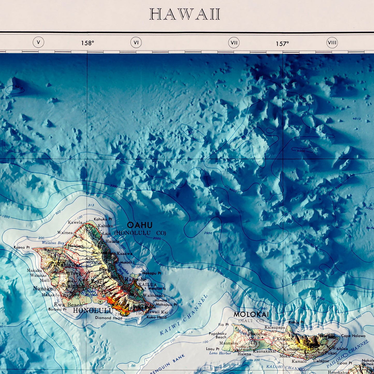 Hawaiian Islands 1971 Shaded Relief Map