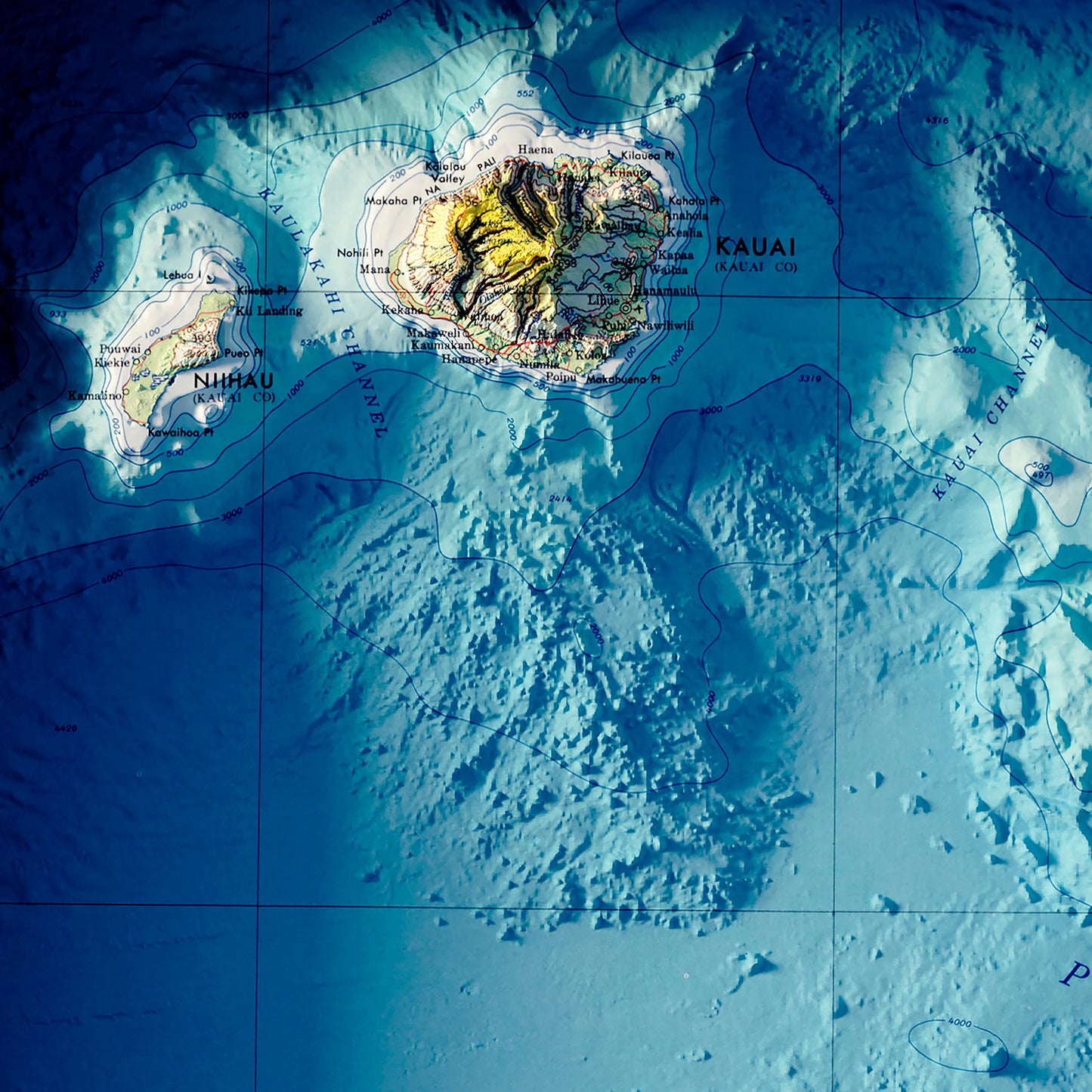 Hawaiian Islands 1971 Shaded Relief Map