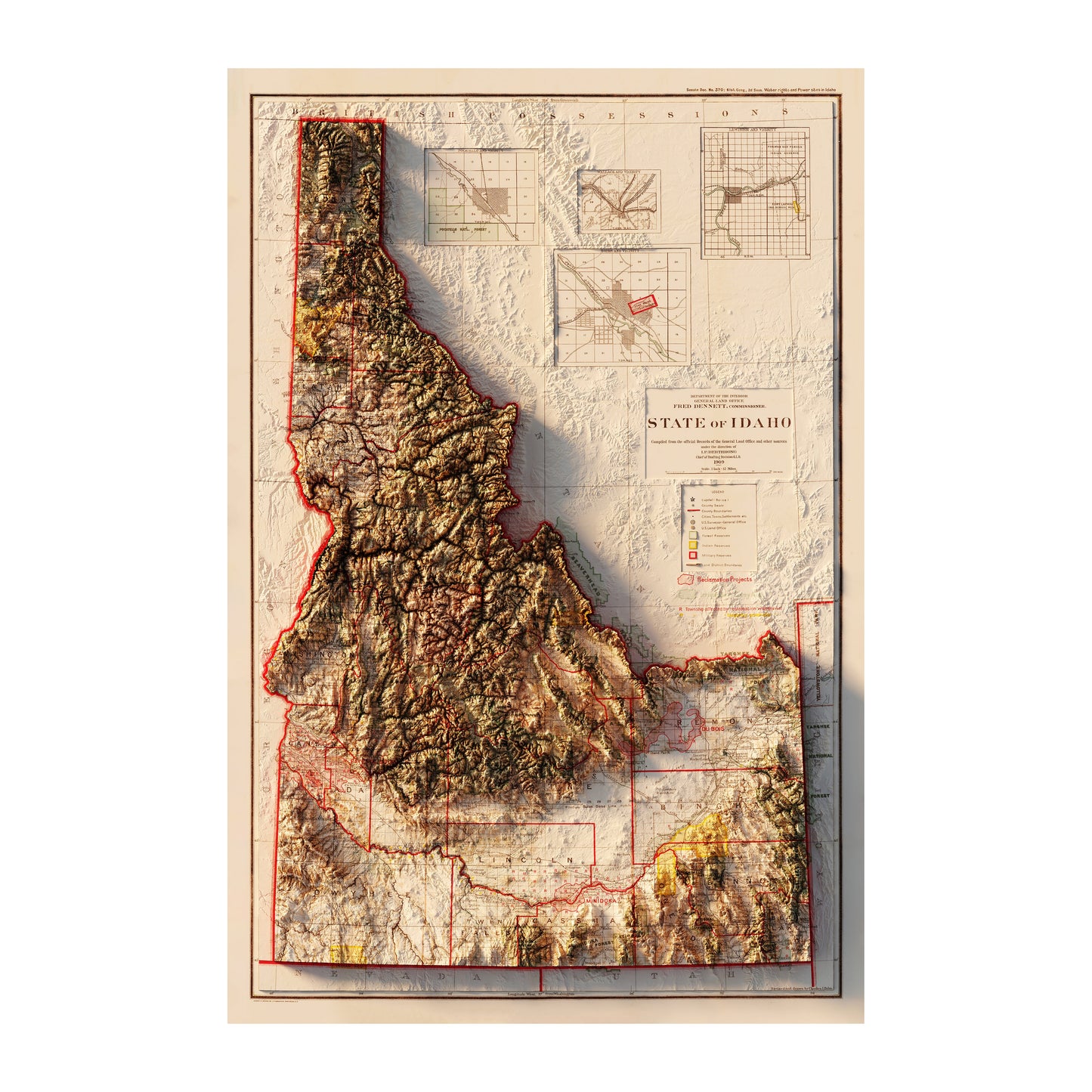 Vintage Idaho Relief Map - 1909