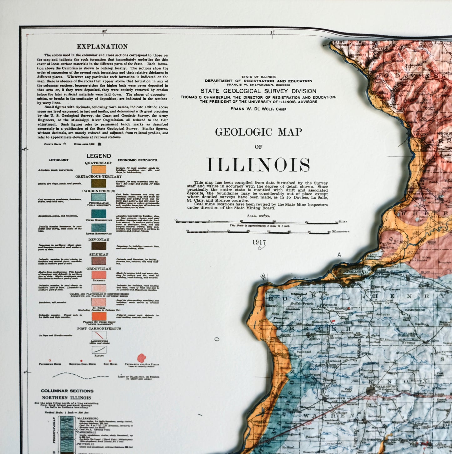 Illinois 1917 3D Raised Relief Map