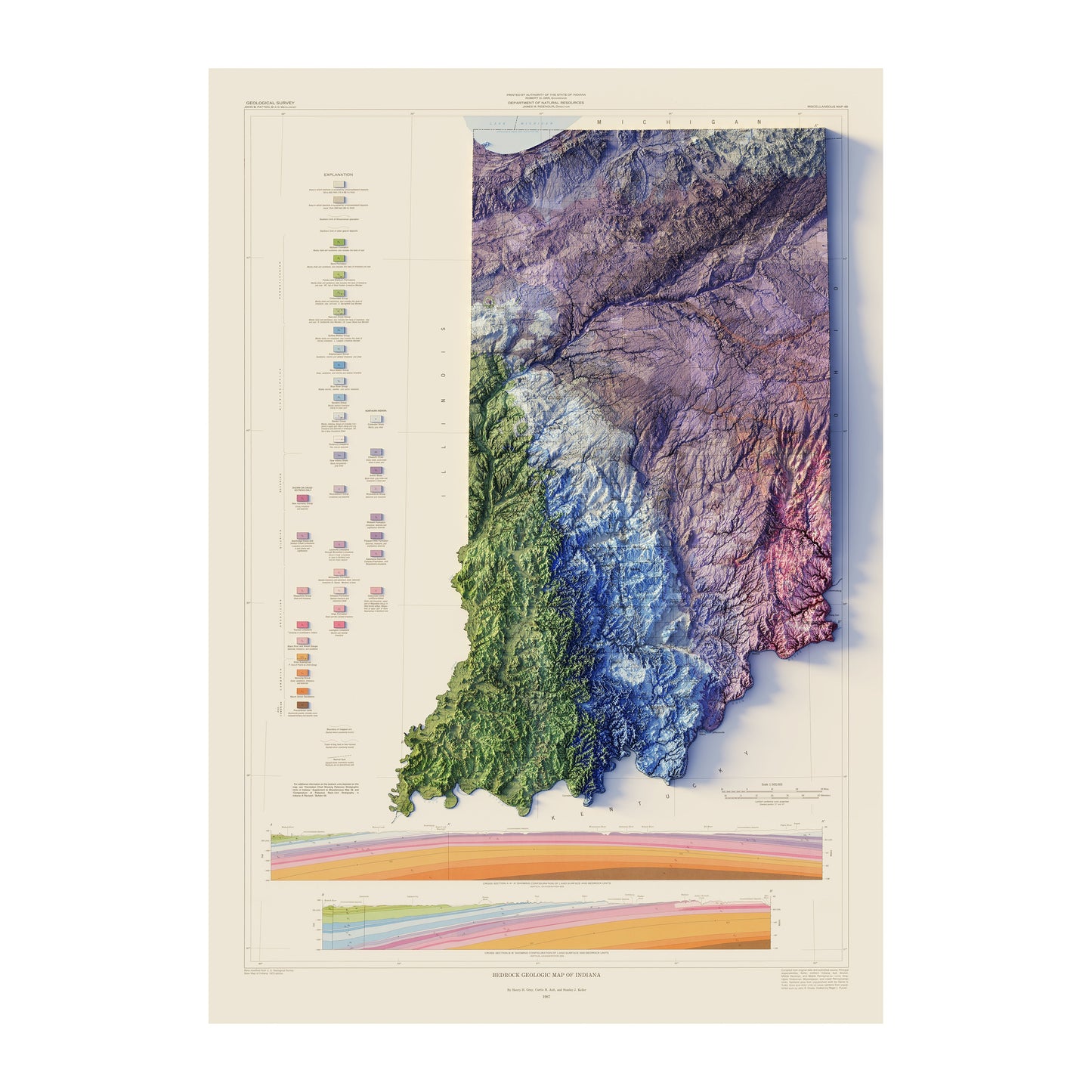 Vintage Indiana Relief Map - 1987
