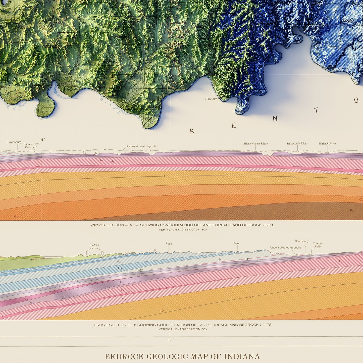 Indiana 1987 Shaded Relief Map
