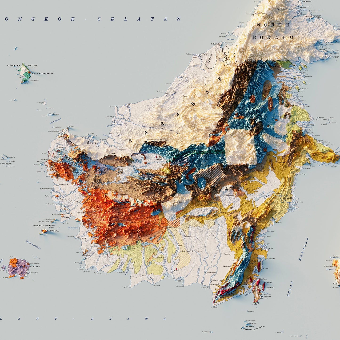 Indonesia 1965 Shaded Relief Map