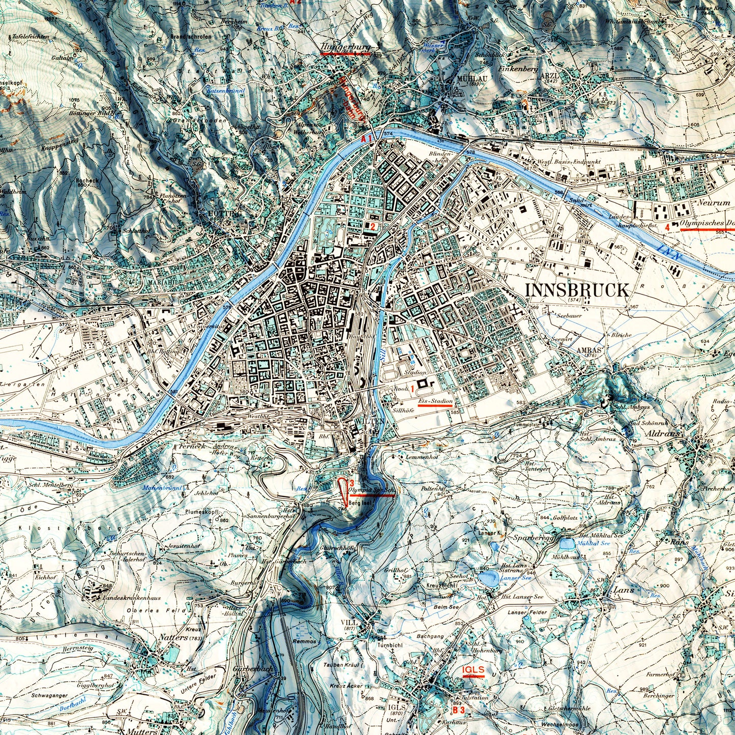 Innsbruck, Austria 1964 Shaded Relief Map