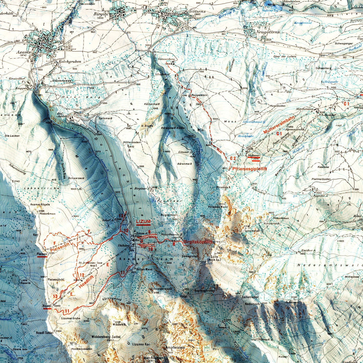 Innsbruck, Austria 1964 Shaded Relief Map