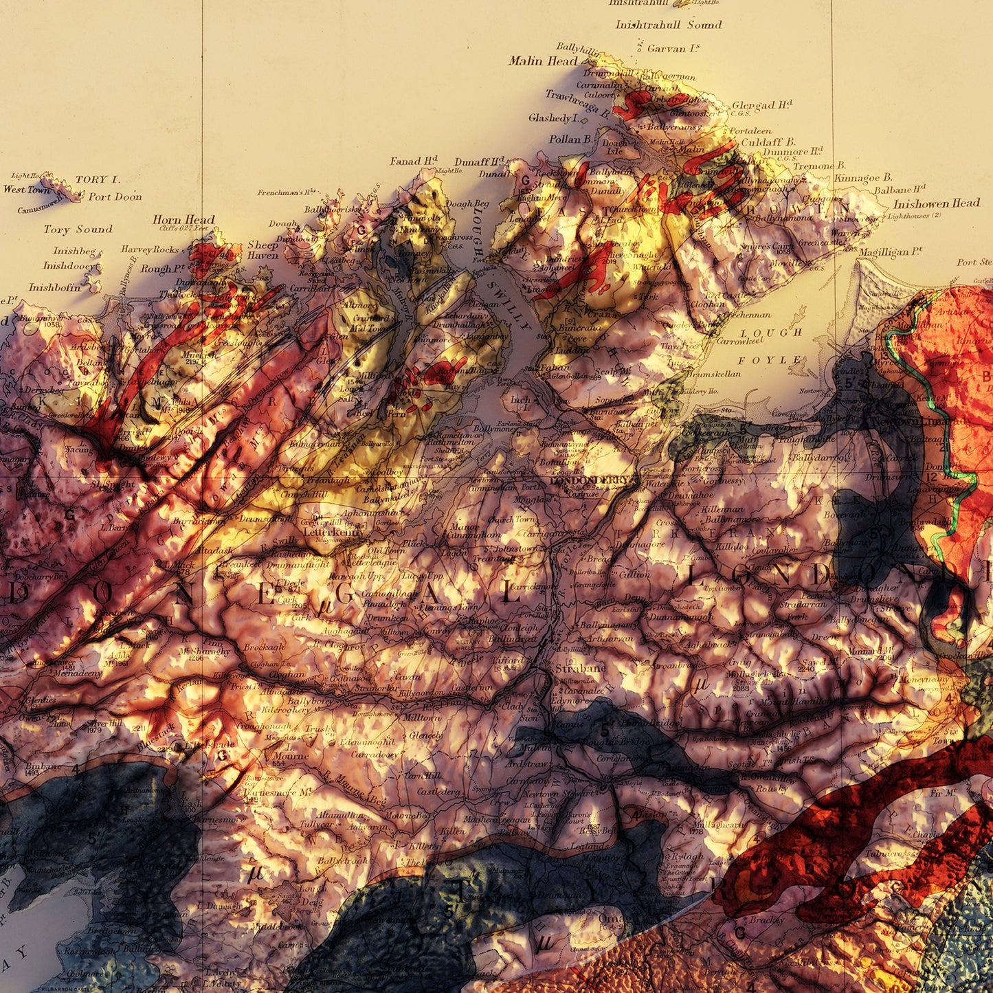 Ireland 1878 Shaded Relief Map