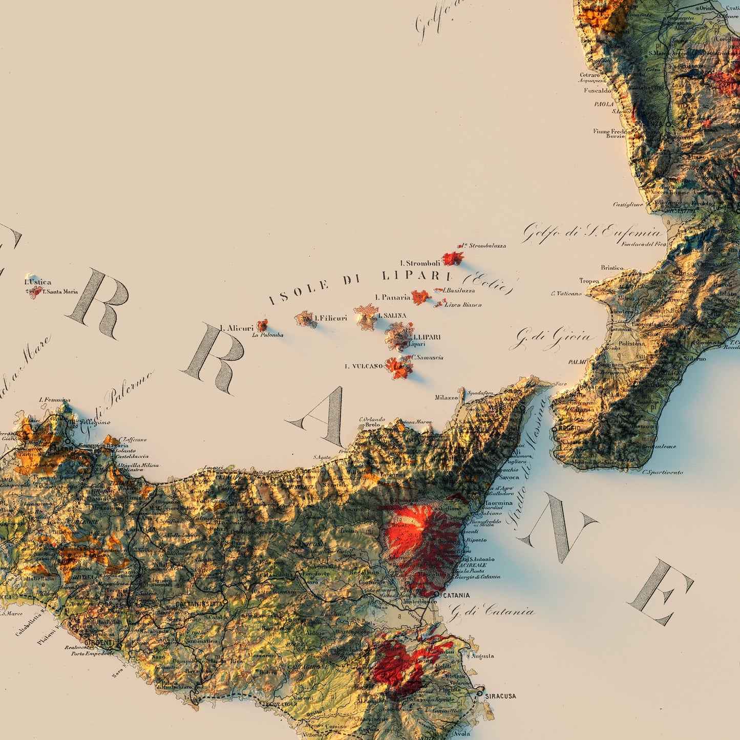 Italy 1881 Shaded Relief Map