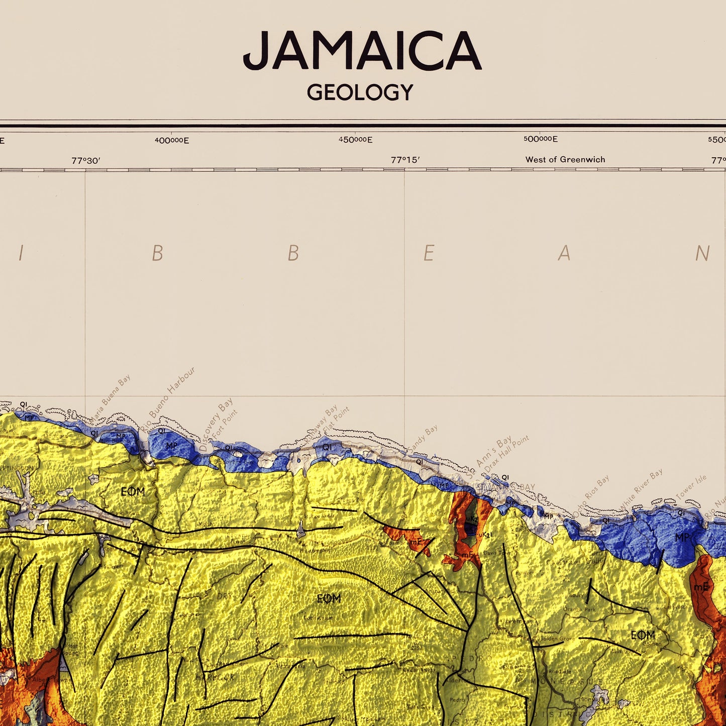 Jamaica 1958 Shaded Relief Map