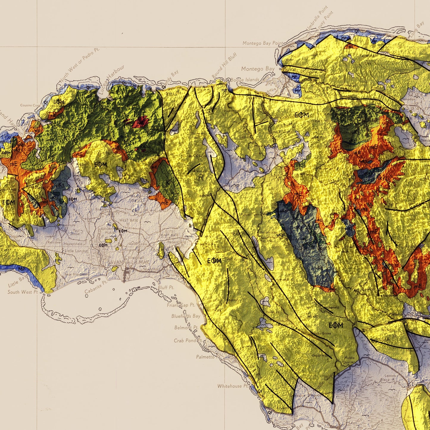Jamaica 1958 Shaded Relief Map