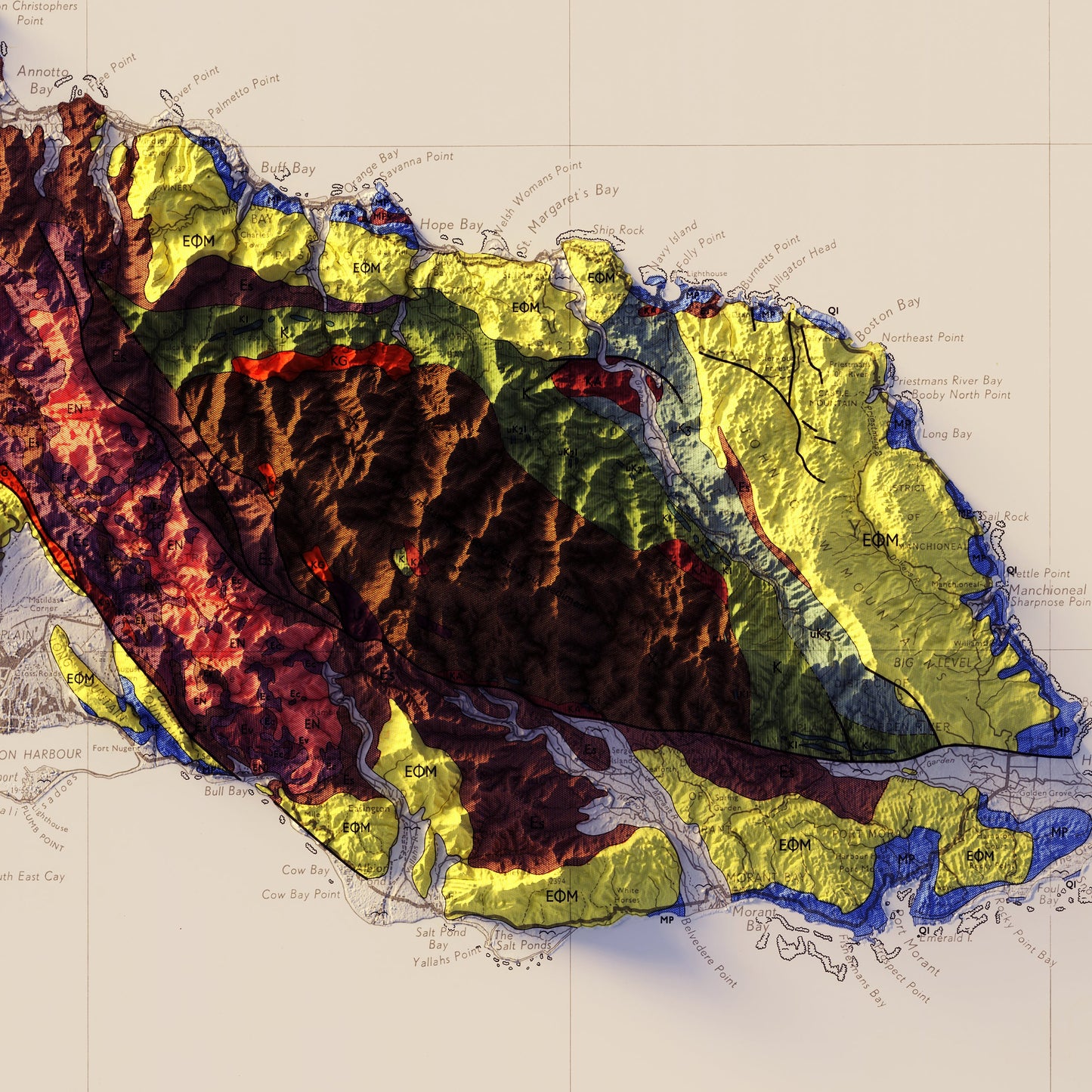 Jamaica 1958 Shaded Relief Map