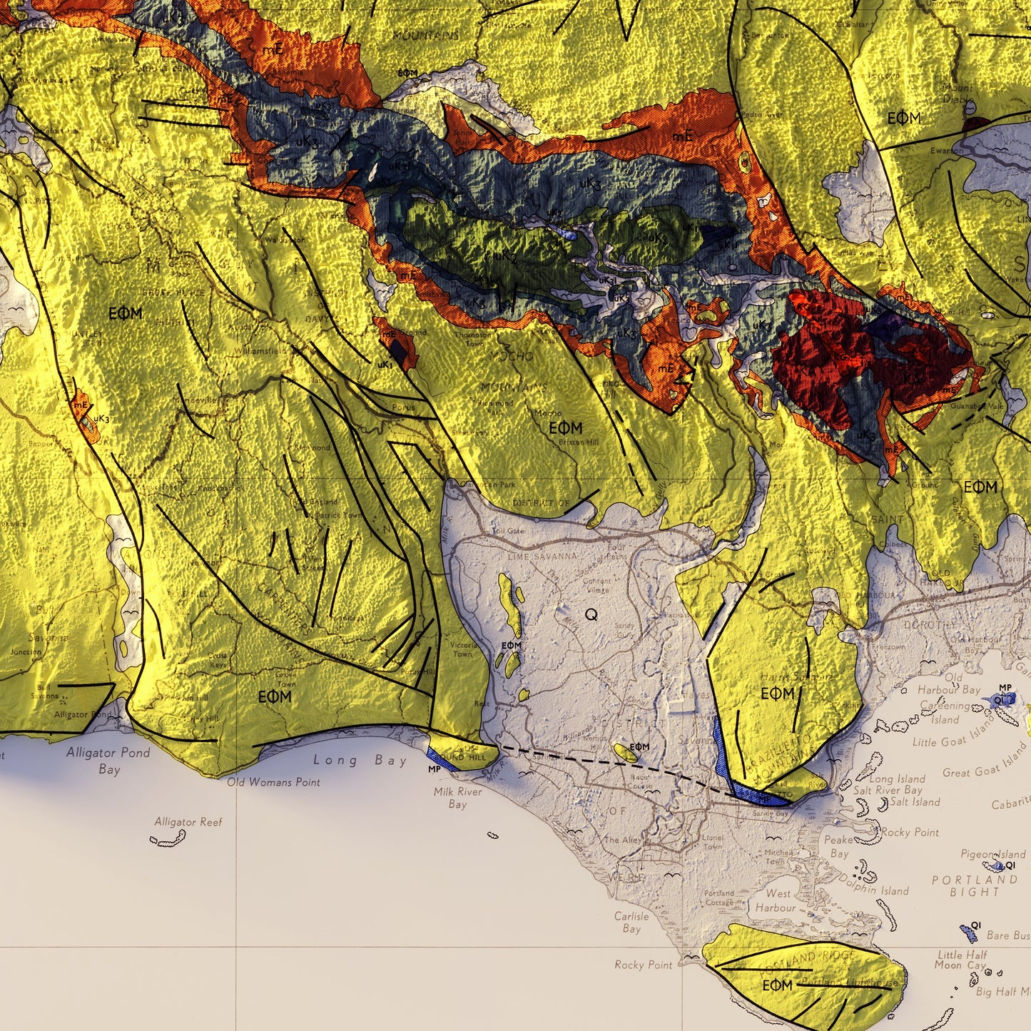 Jamaica 1958 Shaded Relief Map