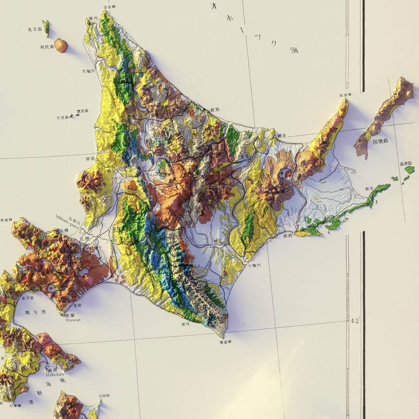 Japan 1956 Shaded Relief Map