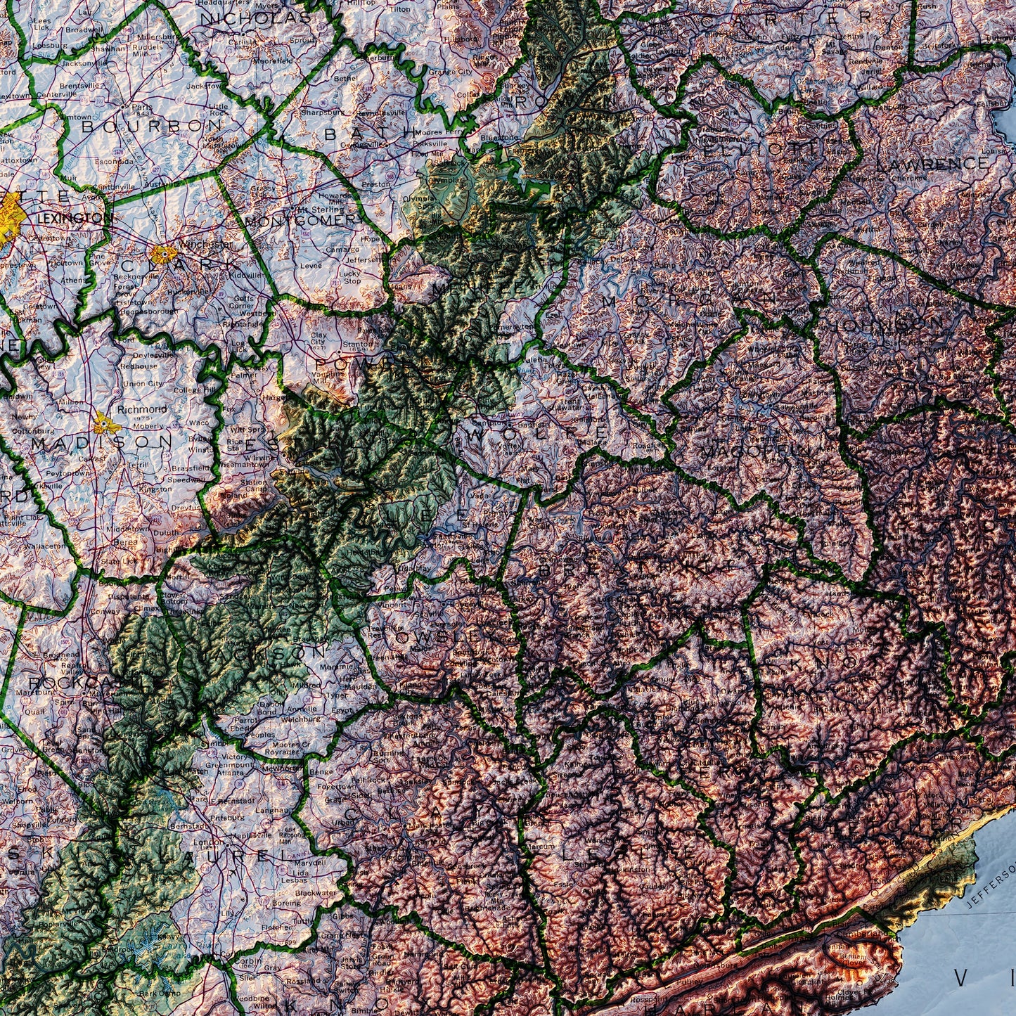 Kentucky 1973 Shaded Relief Map