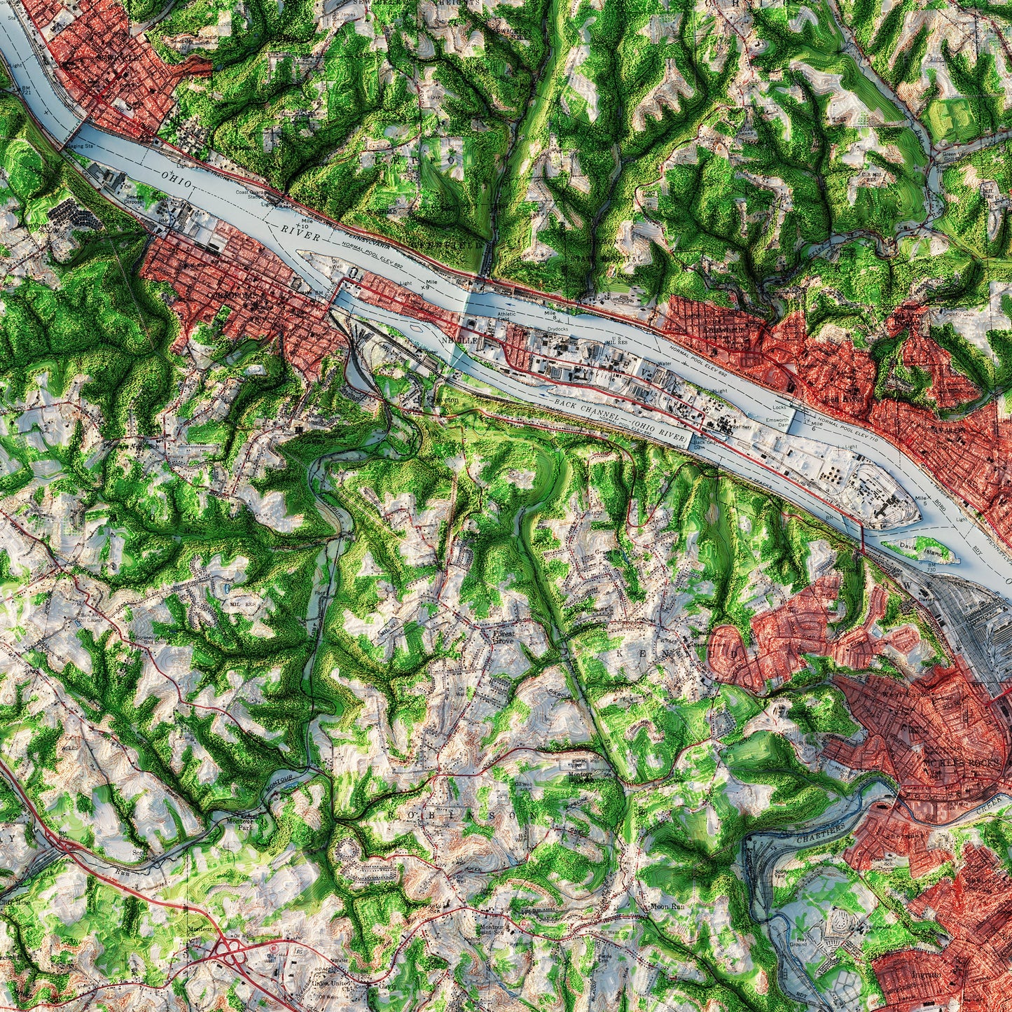 Pittsburgh, Pennsylvania 1960 Shaded Relief Map