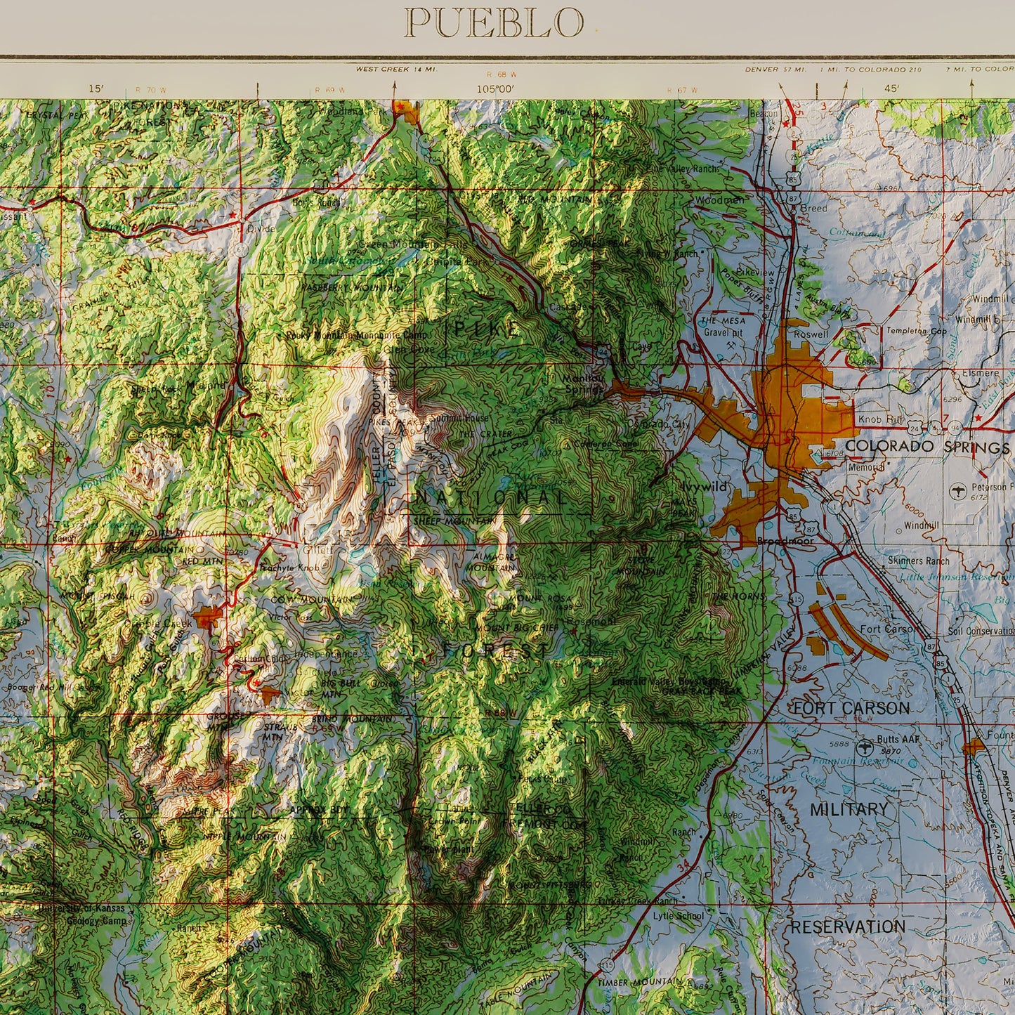 Colorado Springs, CO 1954 Shaded Relief Map