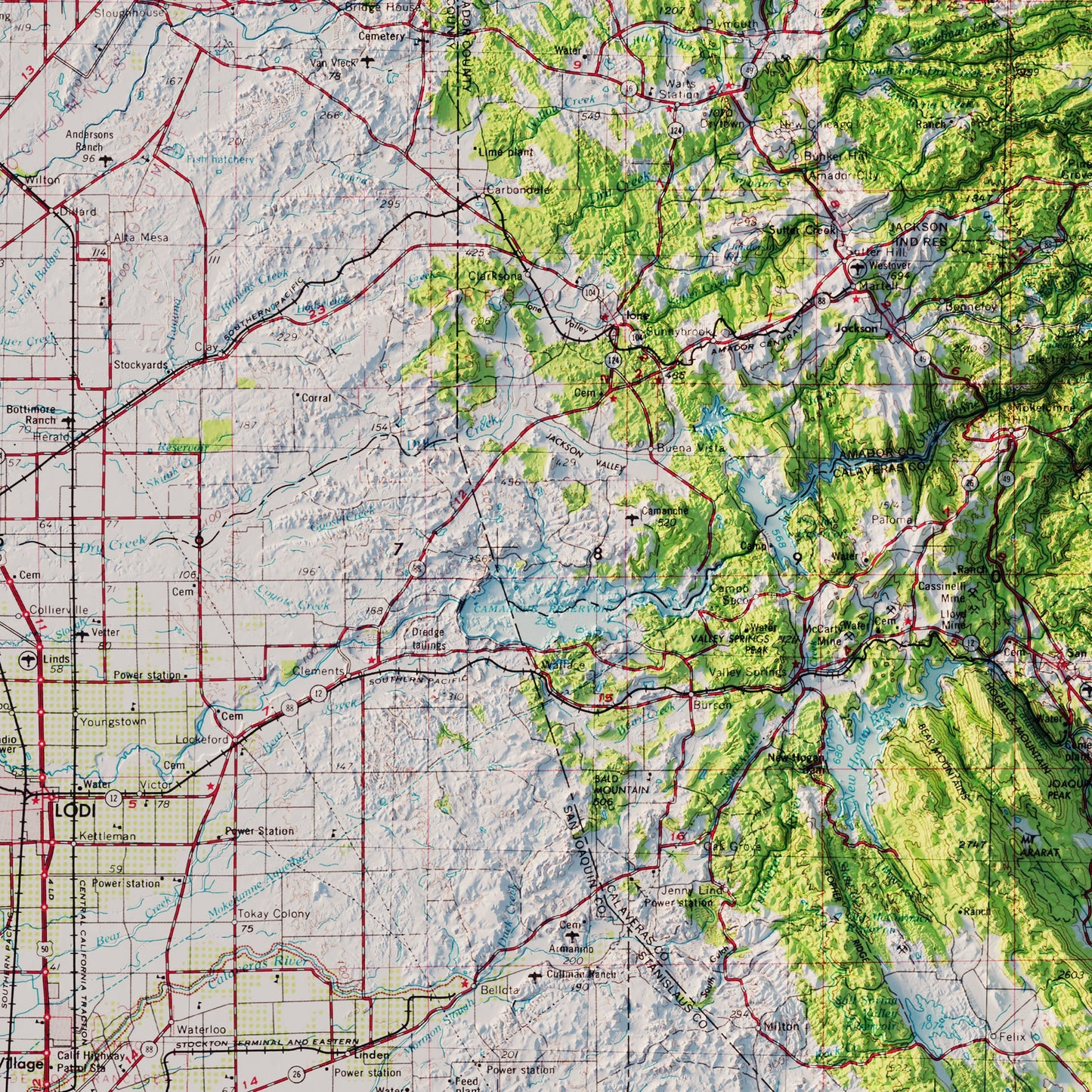 Sacramento, California 1957 Shaded Relief Map