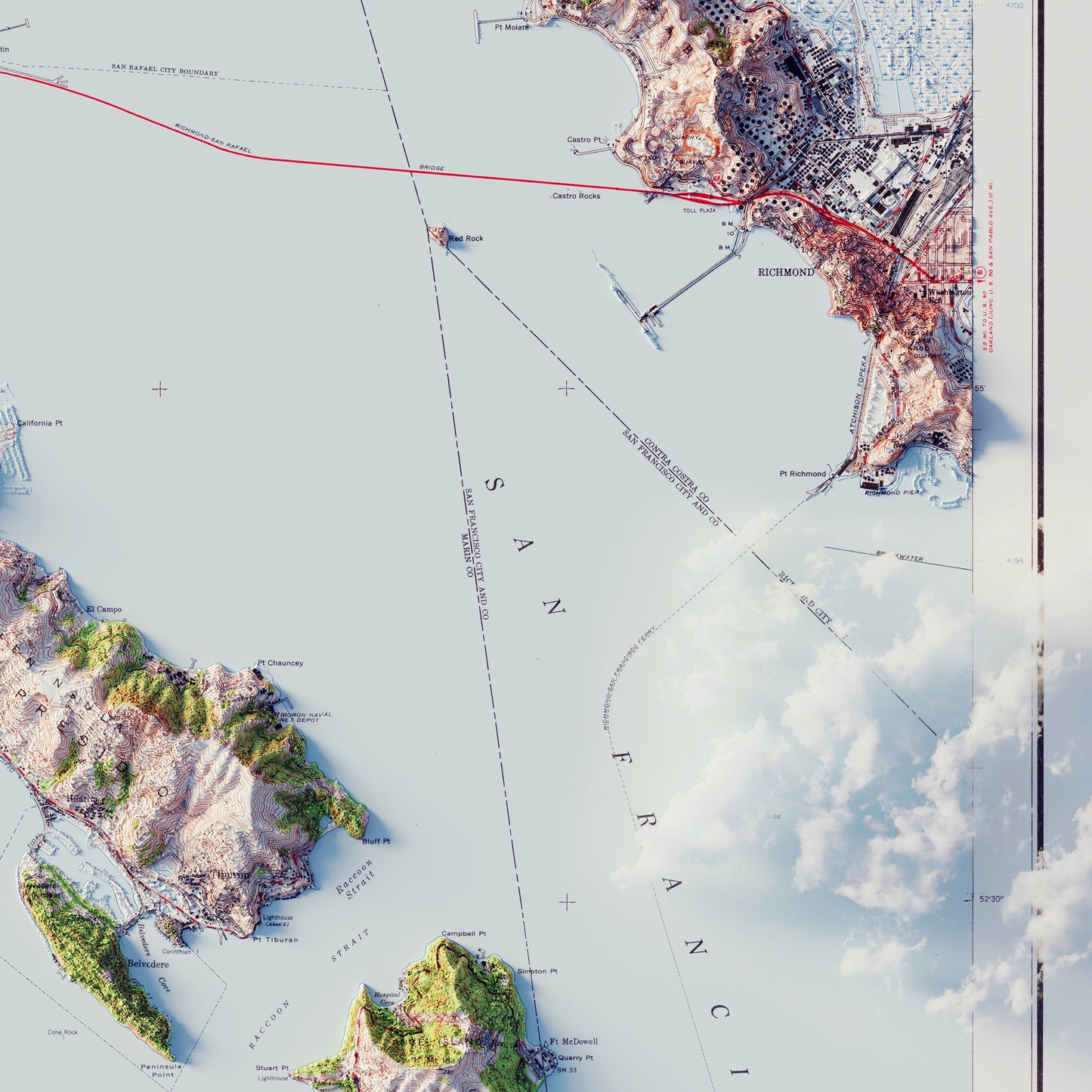 San Francisco, California 1954 Shaded Relief Map