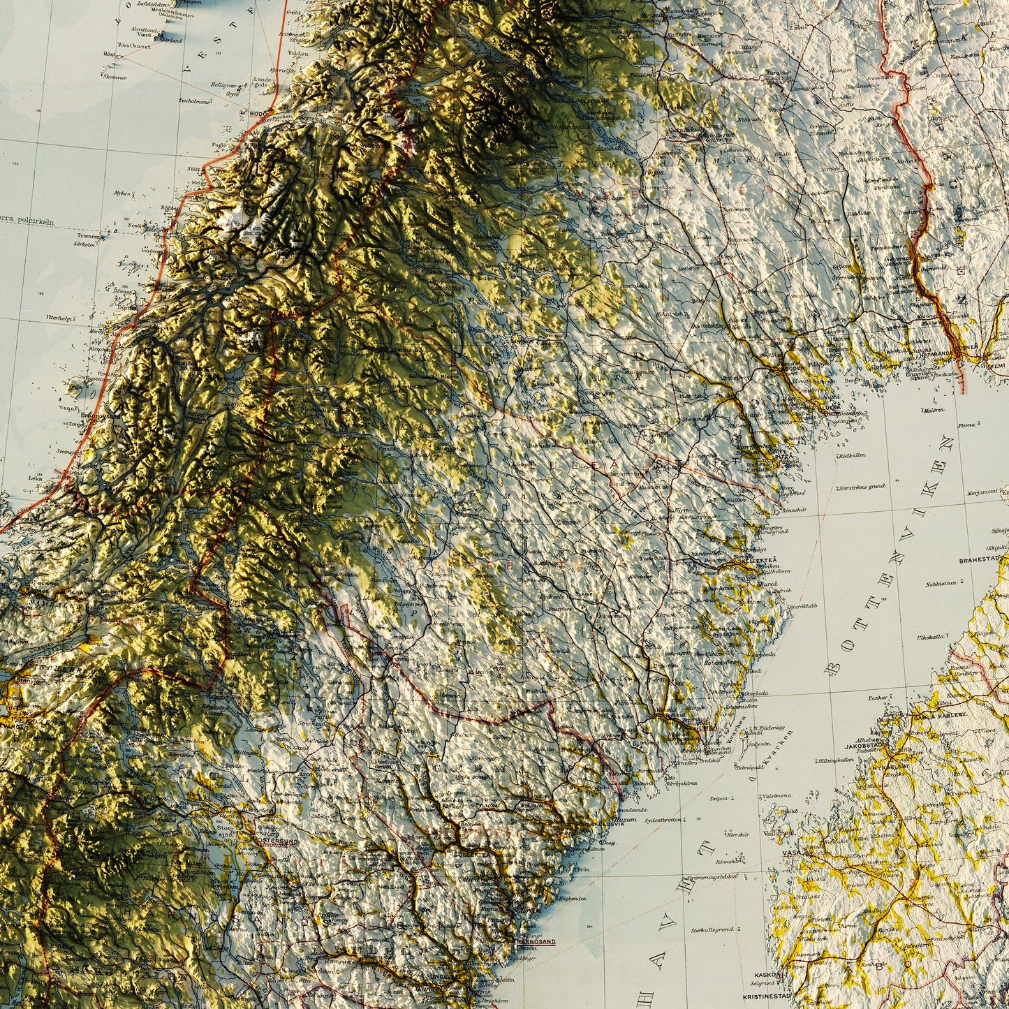 Scandinavia 1922 Shaded Relief Map