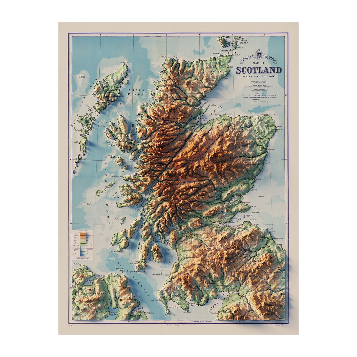 Scotland 1914 Shaded Relief Map