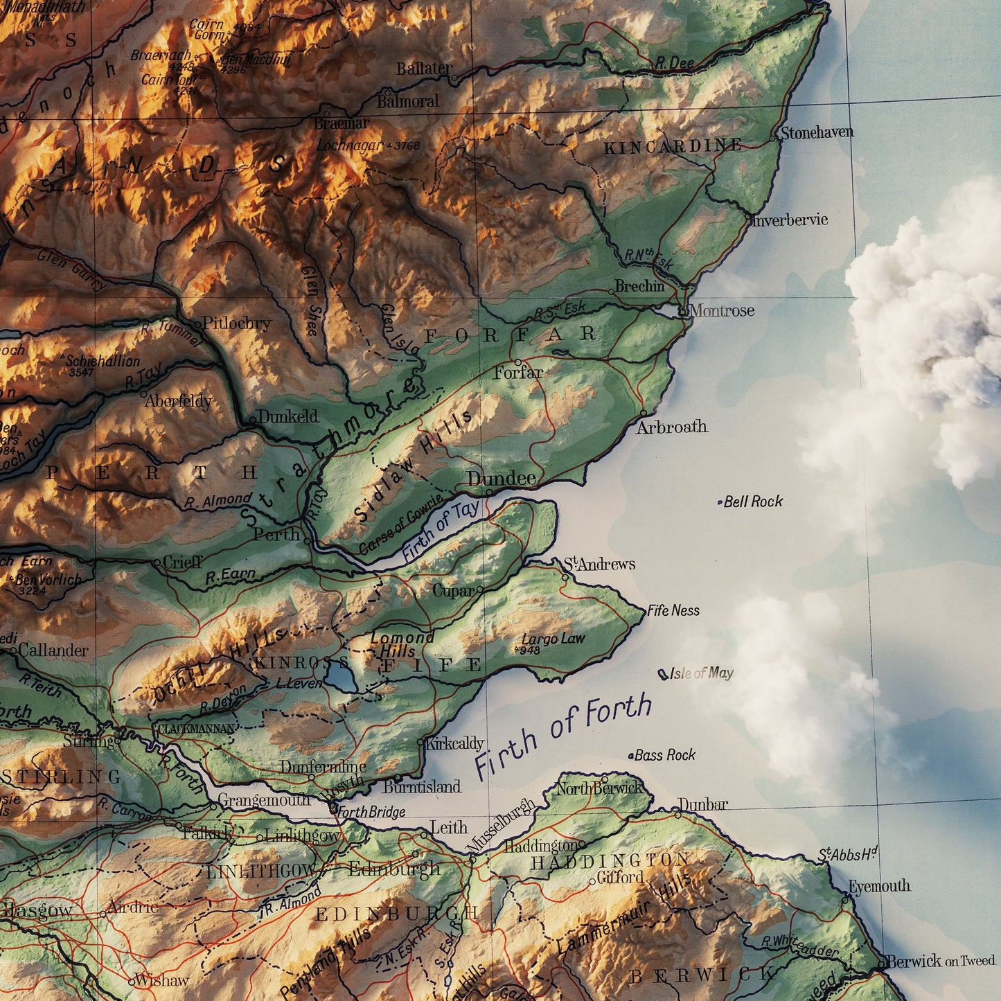 Scotland 1914 Shaded Relief Map