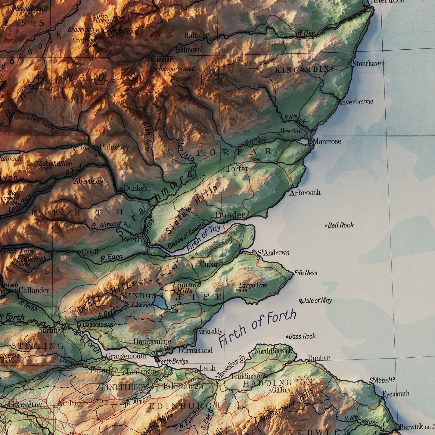 Scotland 1914 Shaded Relief Map