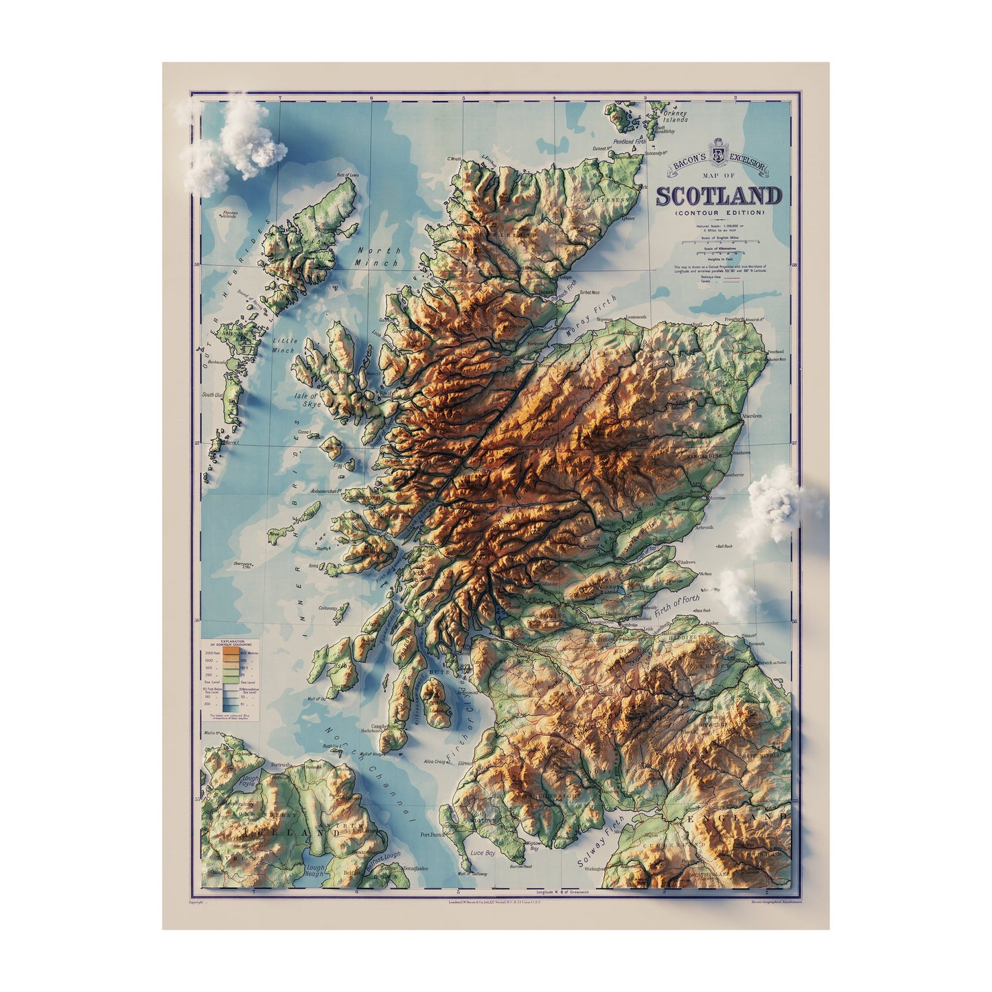 Scotland 1914 Shaded Relief Map