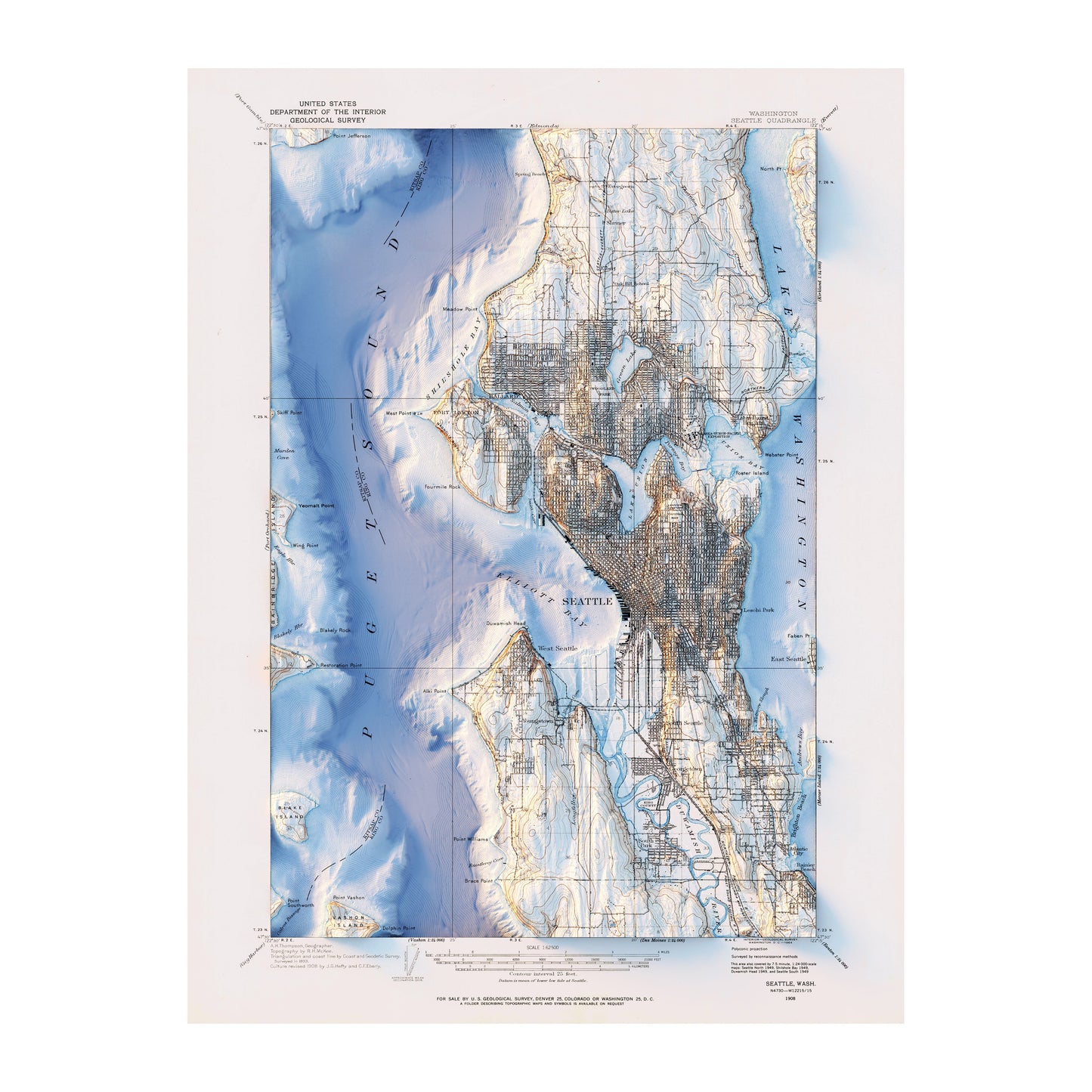 Vintage Seattle Relief Map - 1908