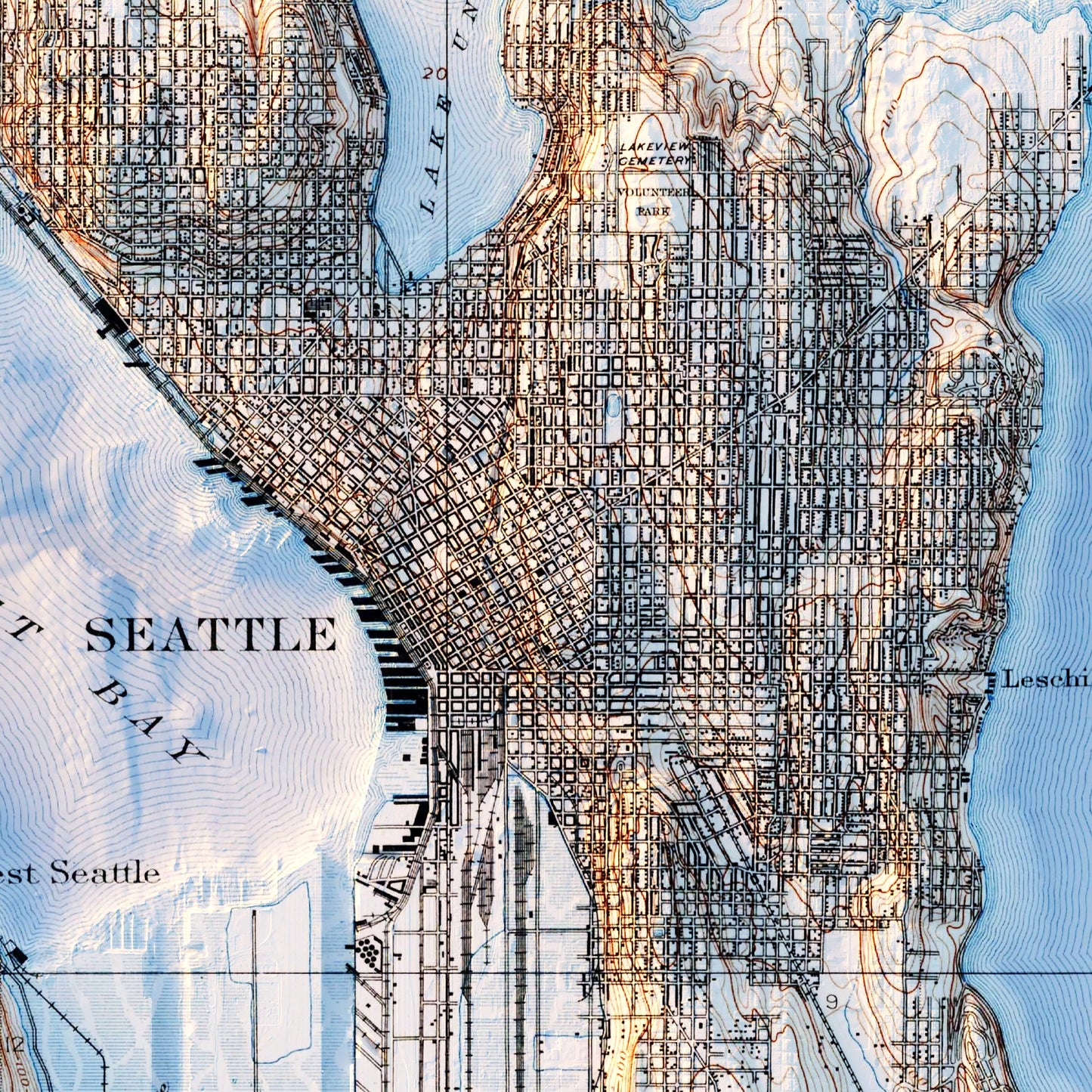 Seattle 1908 Shaded Relief Map