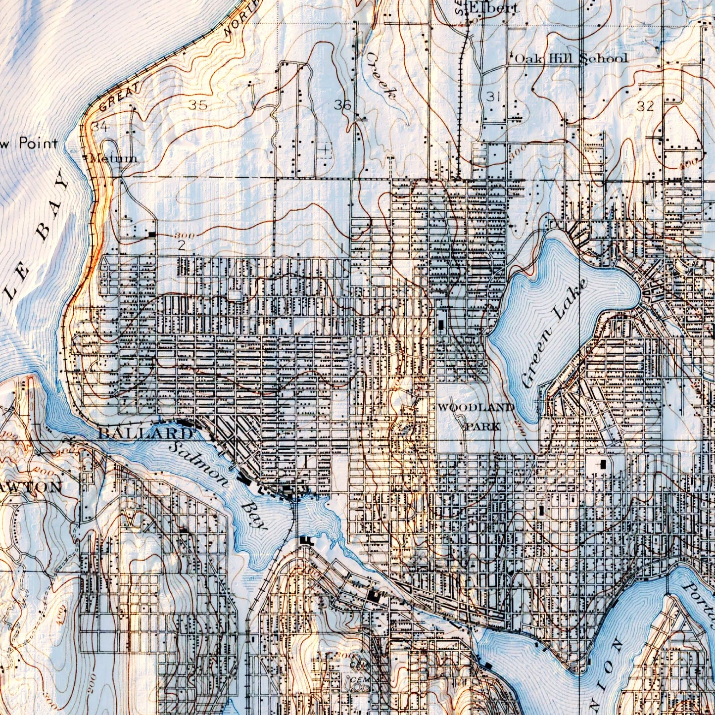 Seattle 1908 Shaded Relief Map