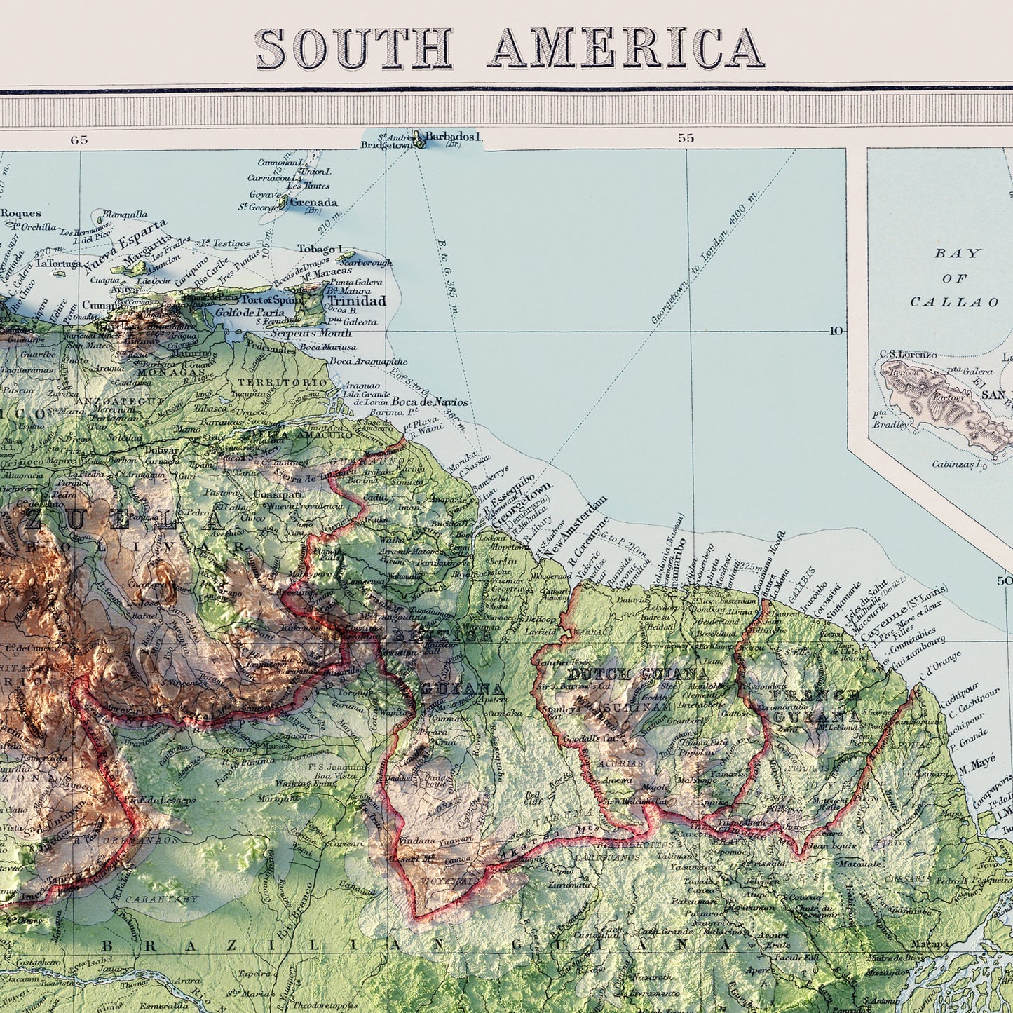 South America 1922 Shaded Relief Map